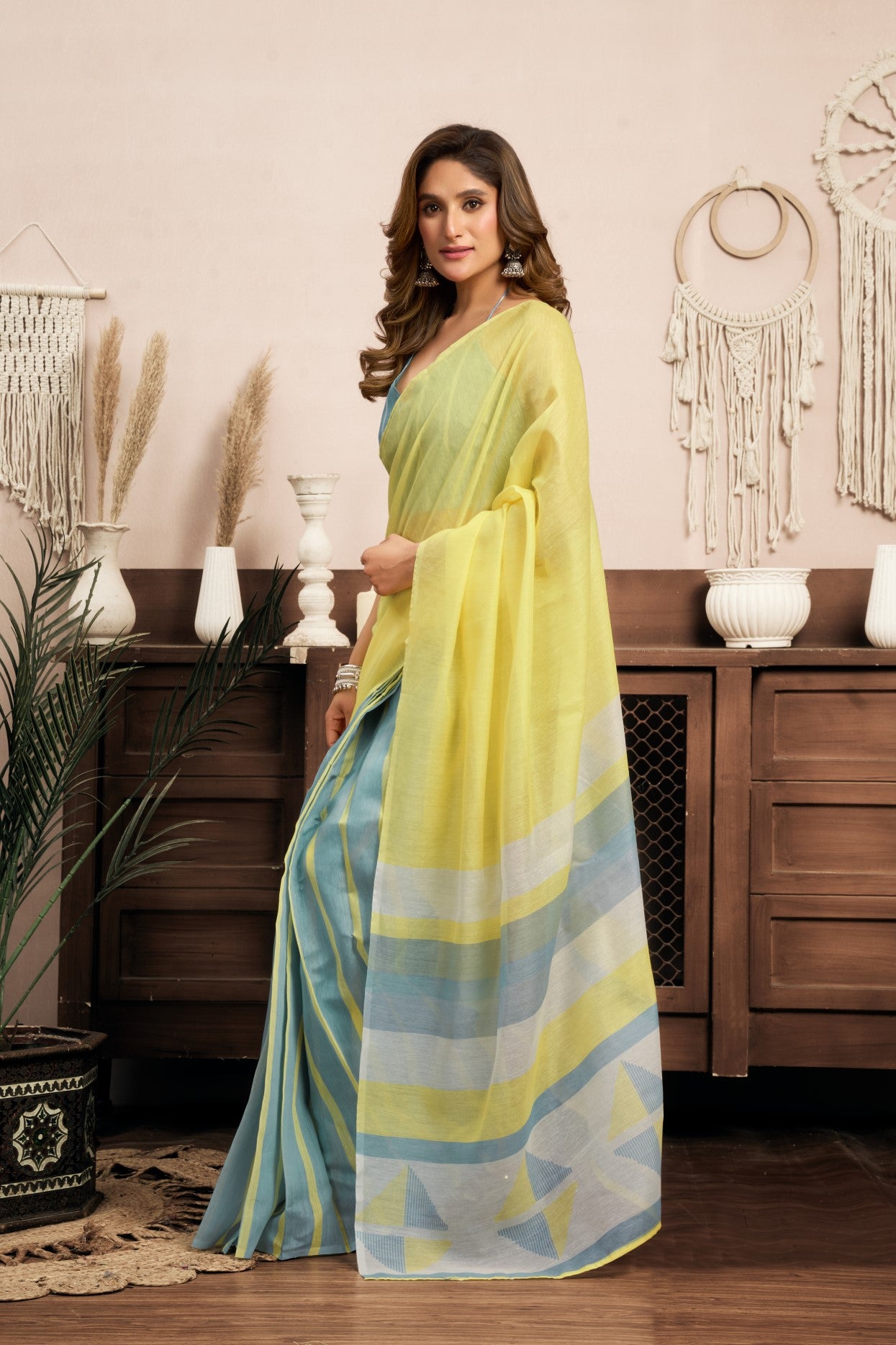 Multi Color Linen Ready To Wear Saree With Printed Design And Zari Stripe Border With Pocket