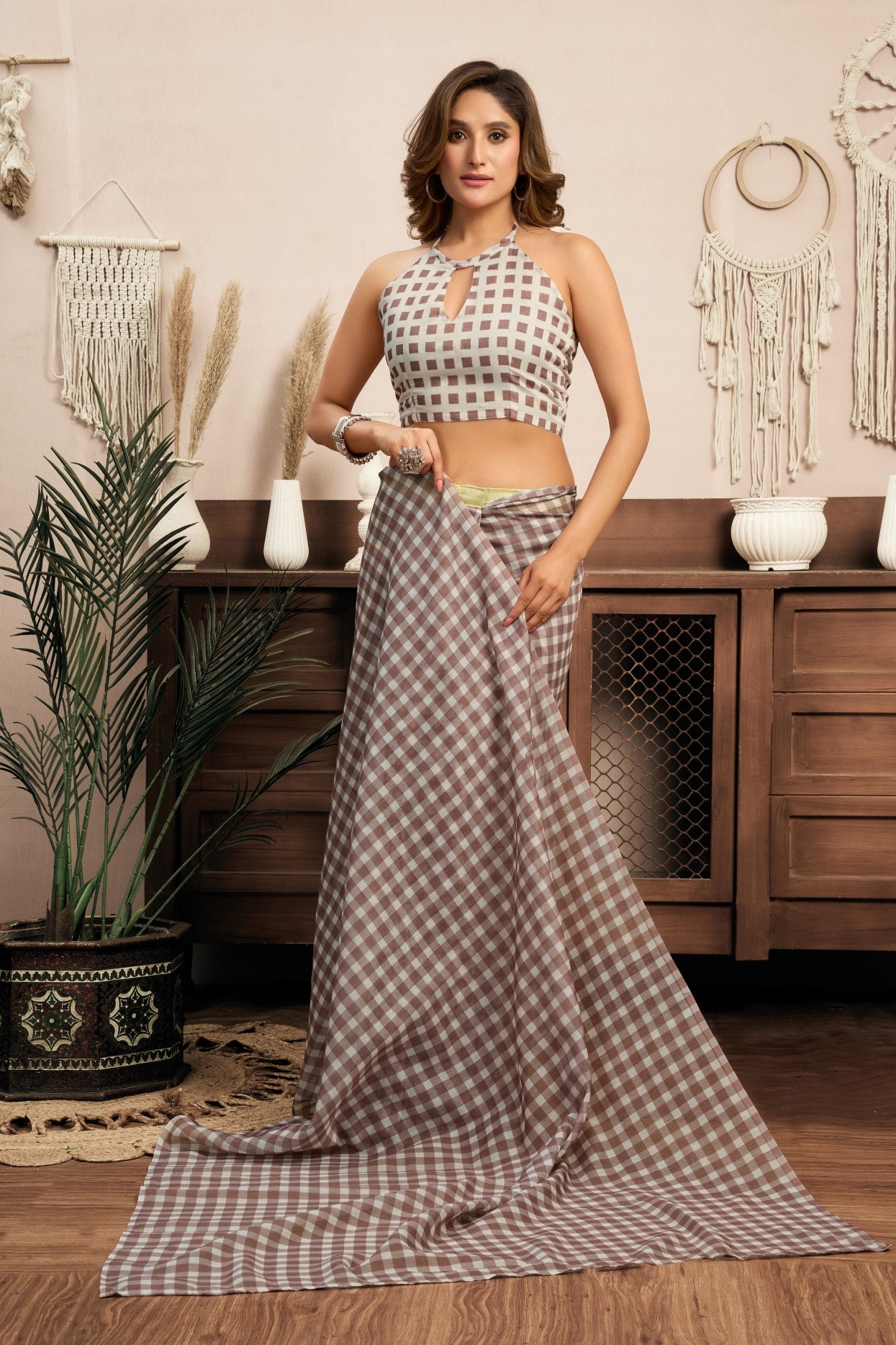 Multi Color Linen Ready To Wear Saree With Printed Design And Zari Stripe Border With Pocket