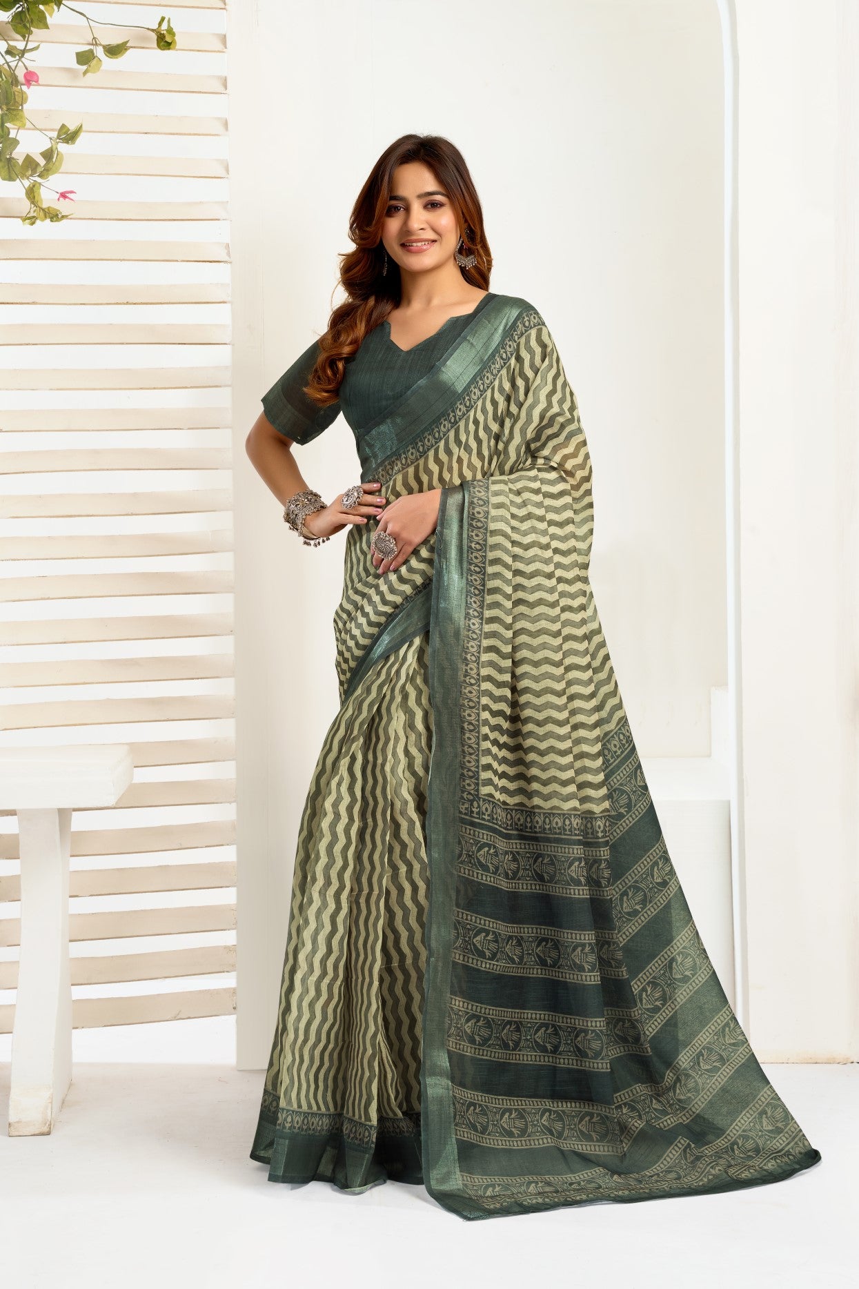 Multi Color Linen Ready To Wear Saree With Printed Design And Zari Stripe Border With Pocket