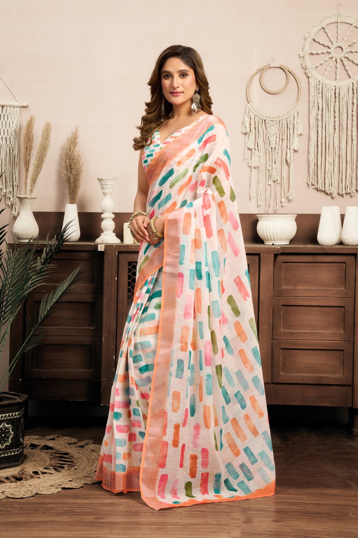 Multi Color Linen Ready To Wear Saree With Printed Design And Zari Stripe Border With Pocket