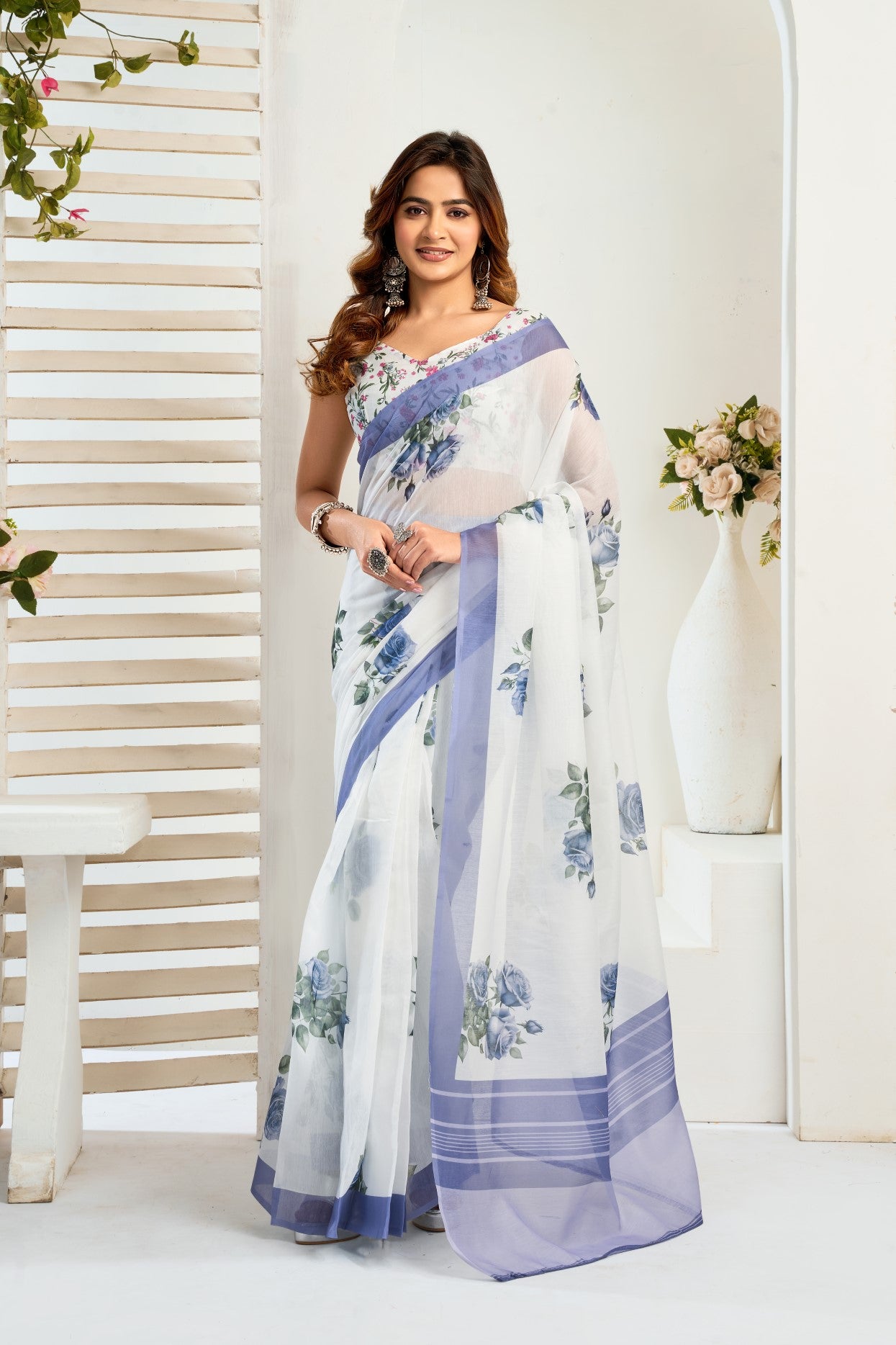Multi Color Linen Ready To Wear Saree With Zari Border Printed