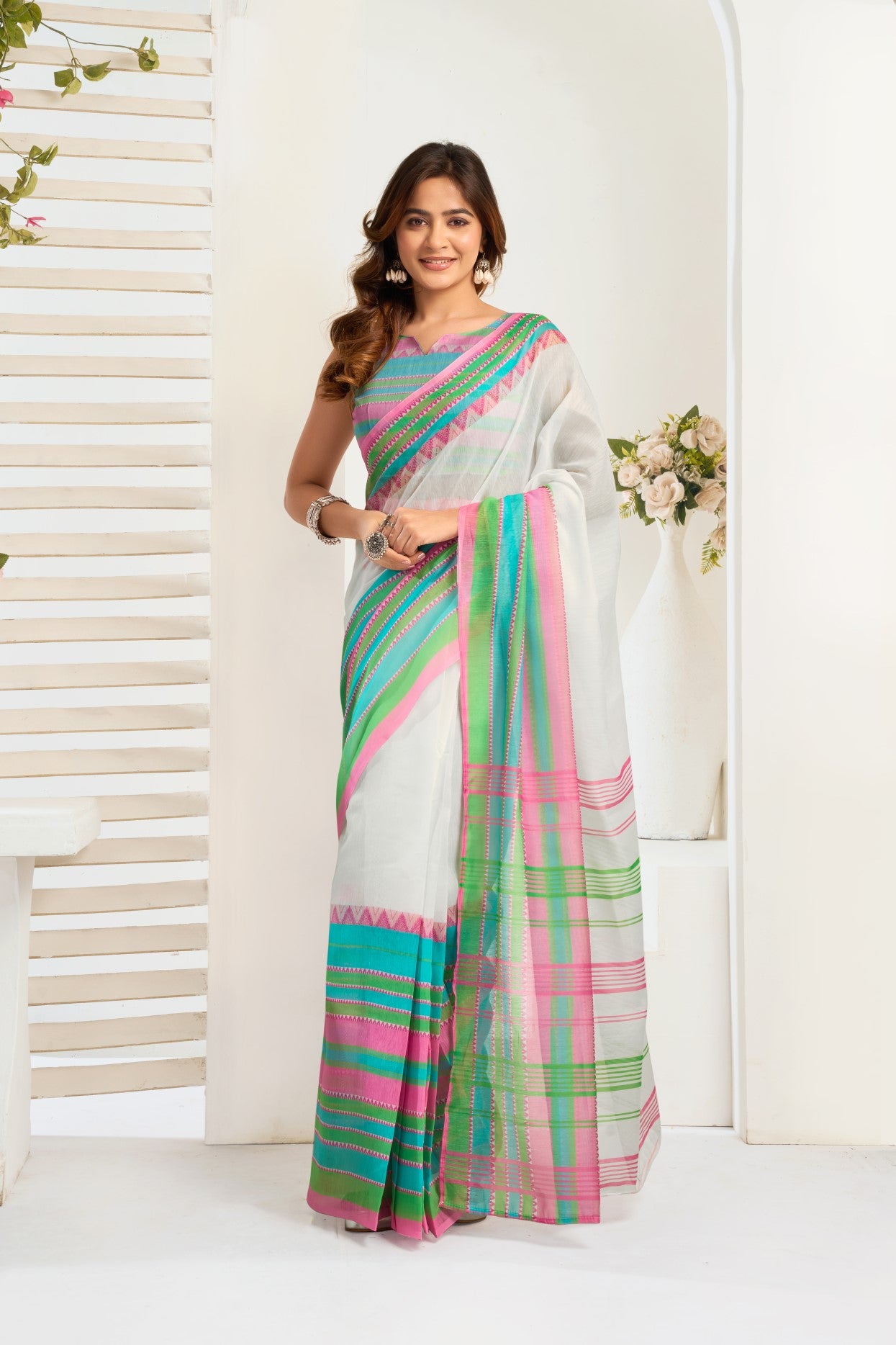 Multi Color Linen Ready To Wear Saree With Zari Border Printed