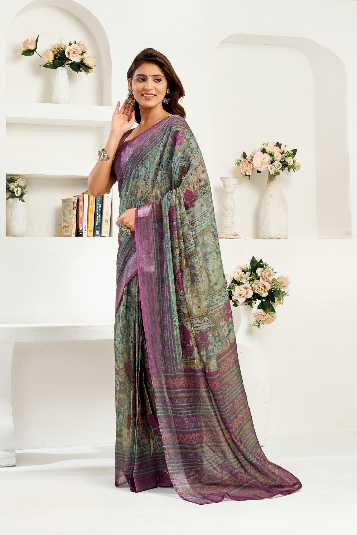 Multi Color Linen Ready To Wear Saree With Zari Border Printed