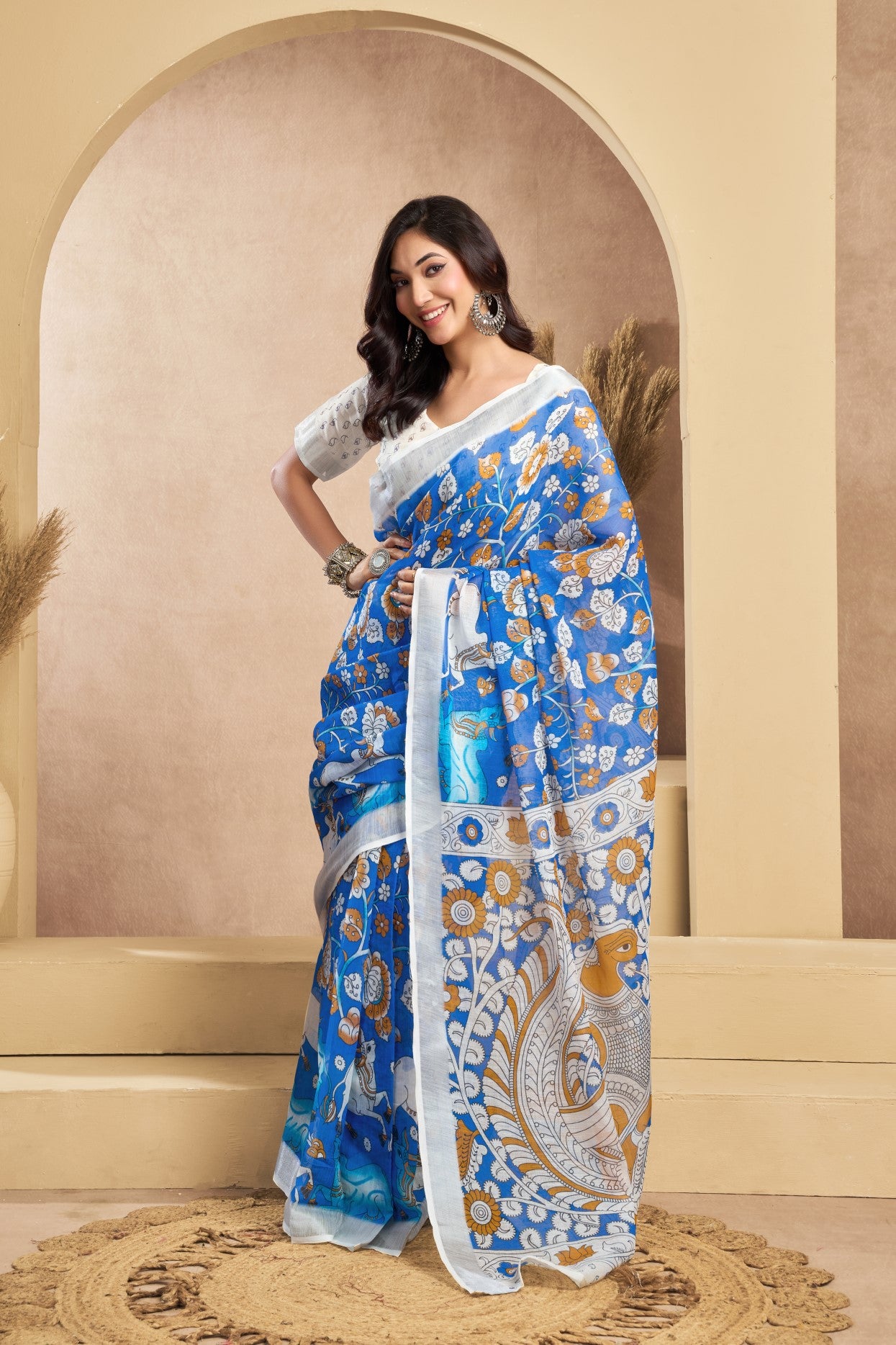 Multi Color Linen Ready To Wear Saree With Zari Border Printed