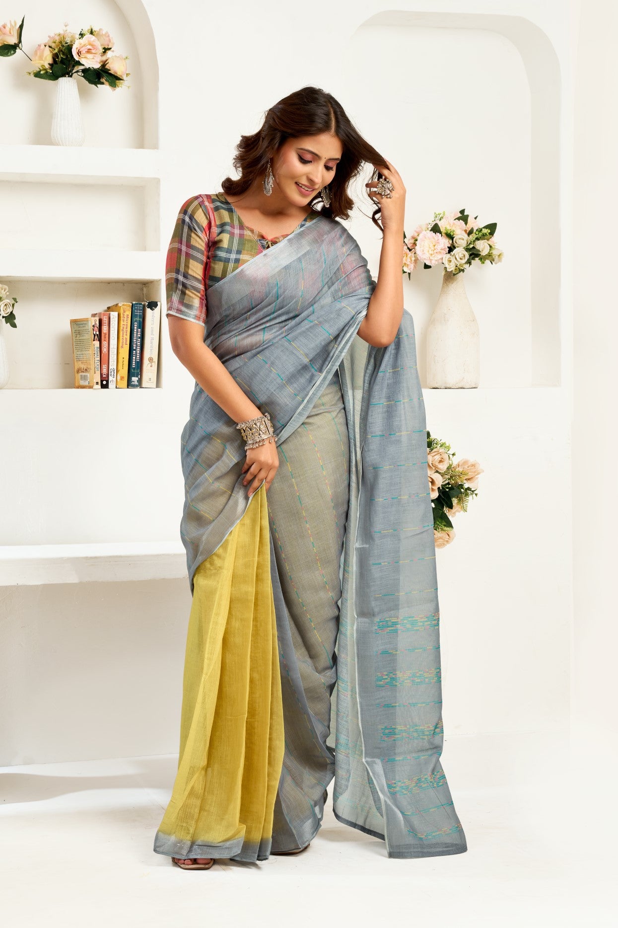 Multi Color Linen Ready To Wear Saree With Zari Border Printed