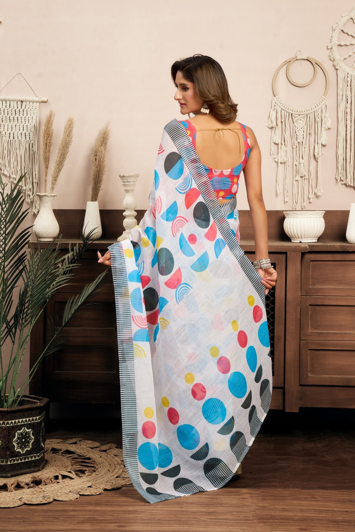 Multi Color Linen Ready To Wear Saree With Zari Border Printed