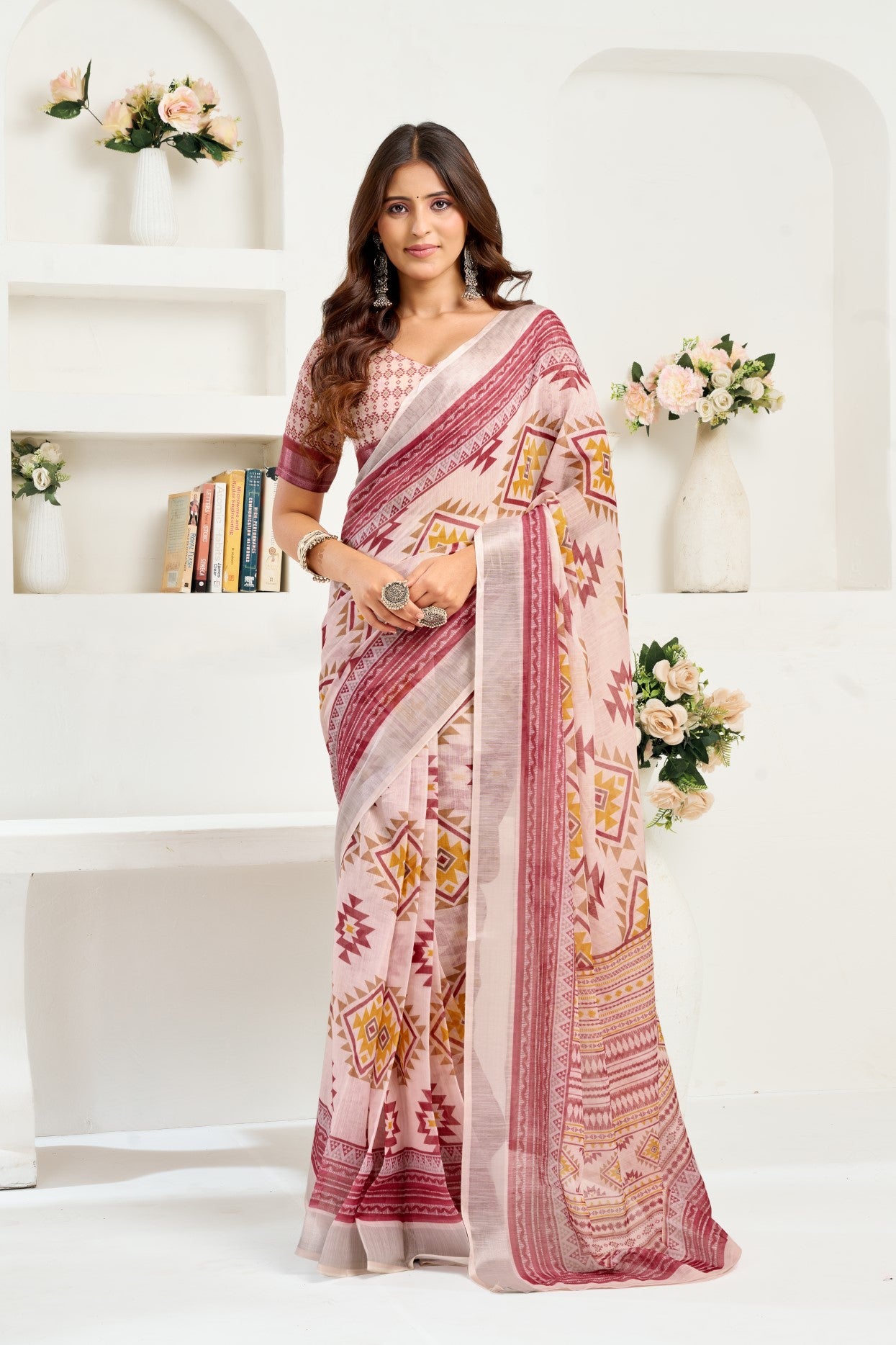 Multi Color Linen Ready To Wear Saree With Zari Border Printed