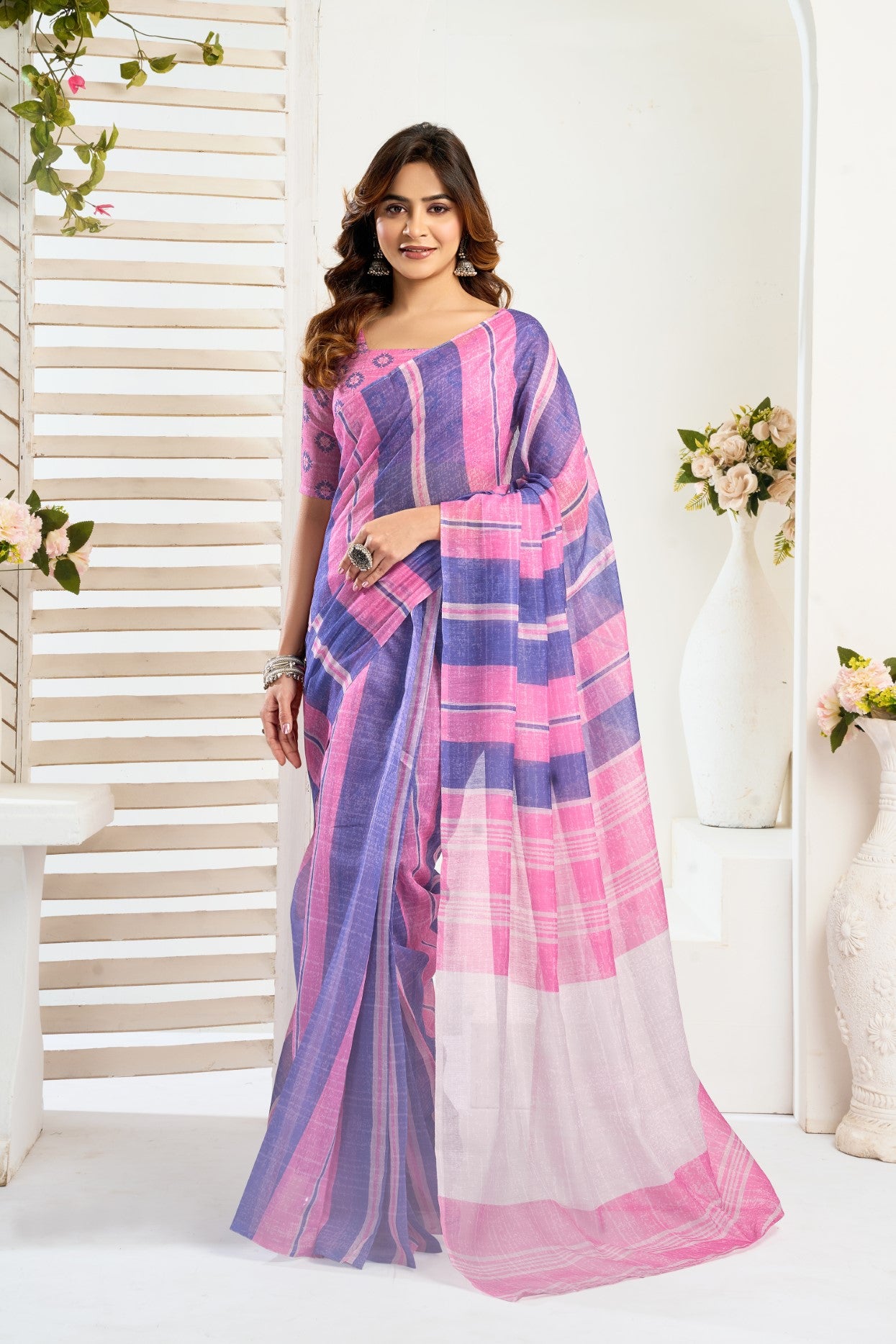 Multi Color Linen Ready To Wear Saree With Zari Border Printed