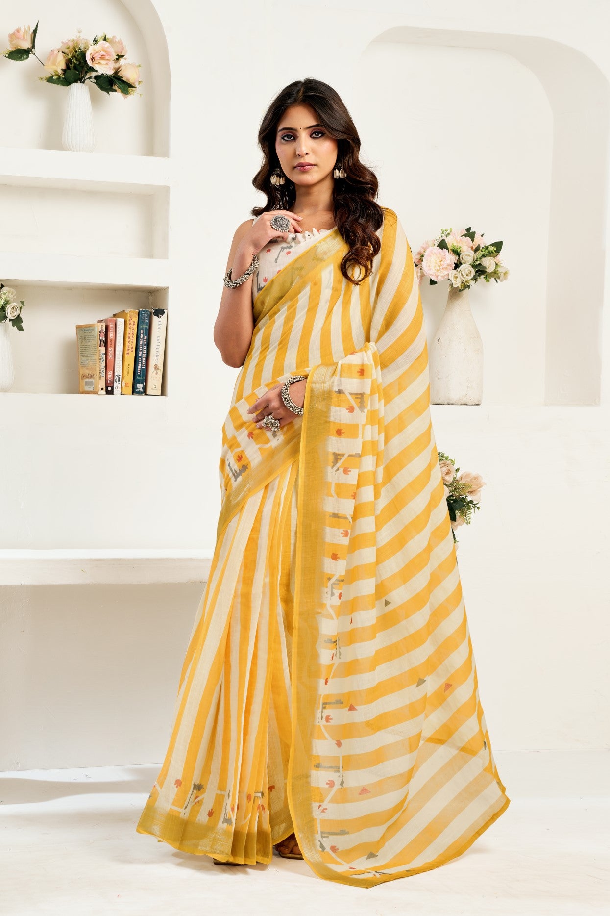 Multi Color Linen Ready To Wear Saree With Zari Border Printed