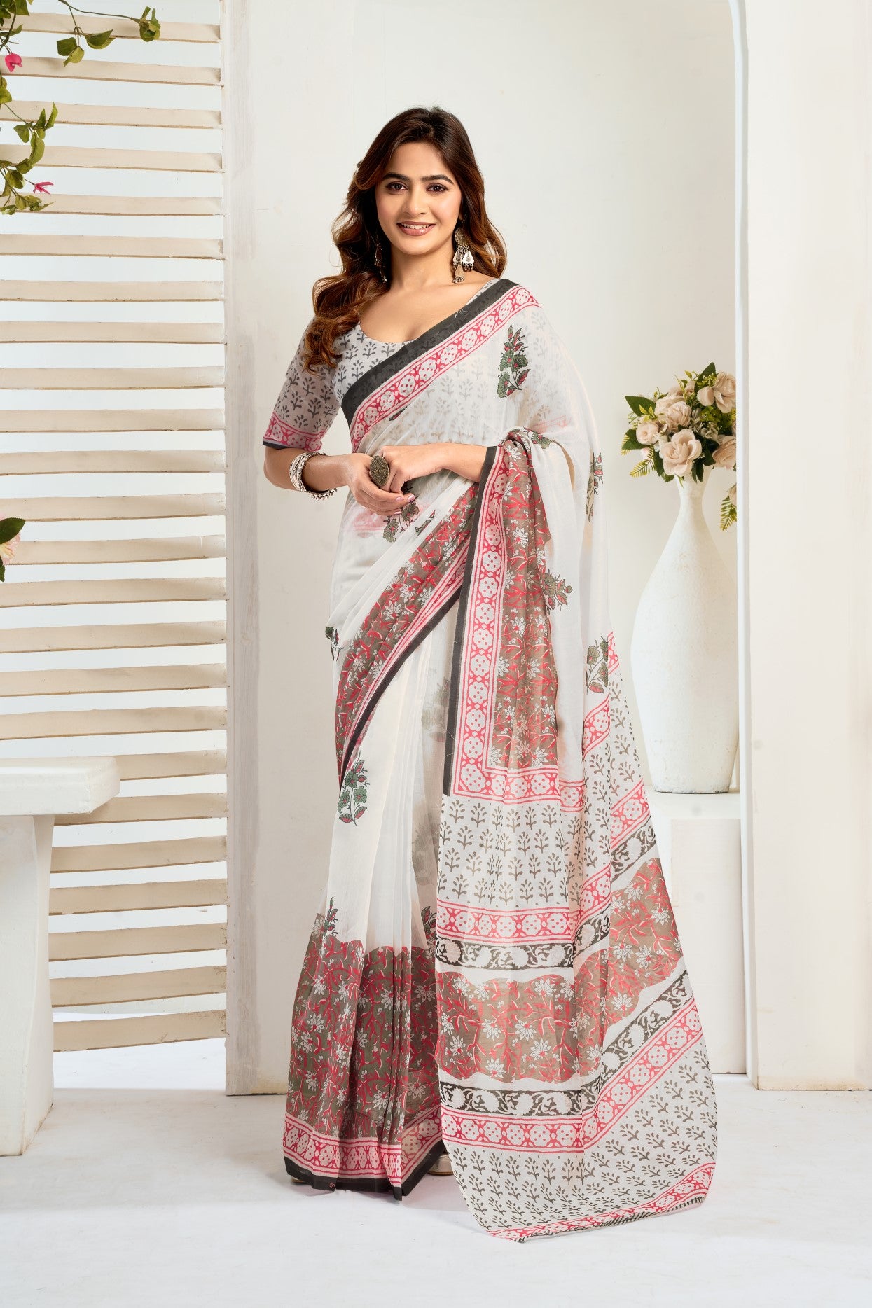 Multi Color Linen Ready To Wear Saree With Zari Border Printed