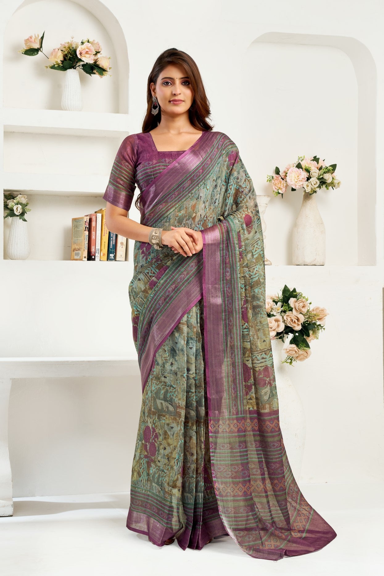 Multi Color Linen Ready To Wear Saree With Zari Border Printed