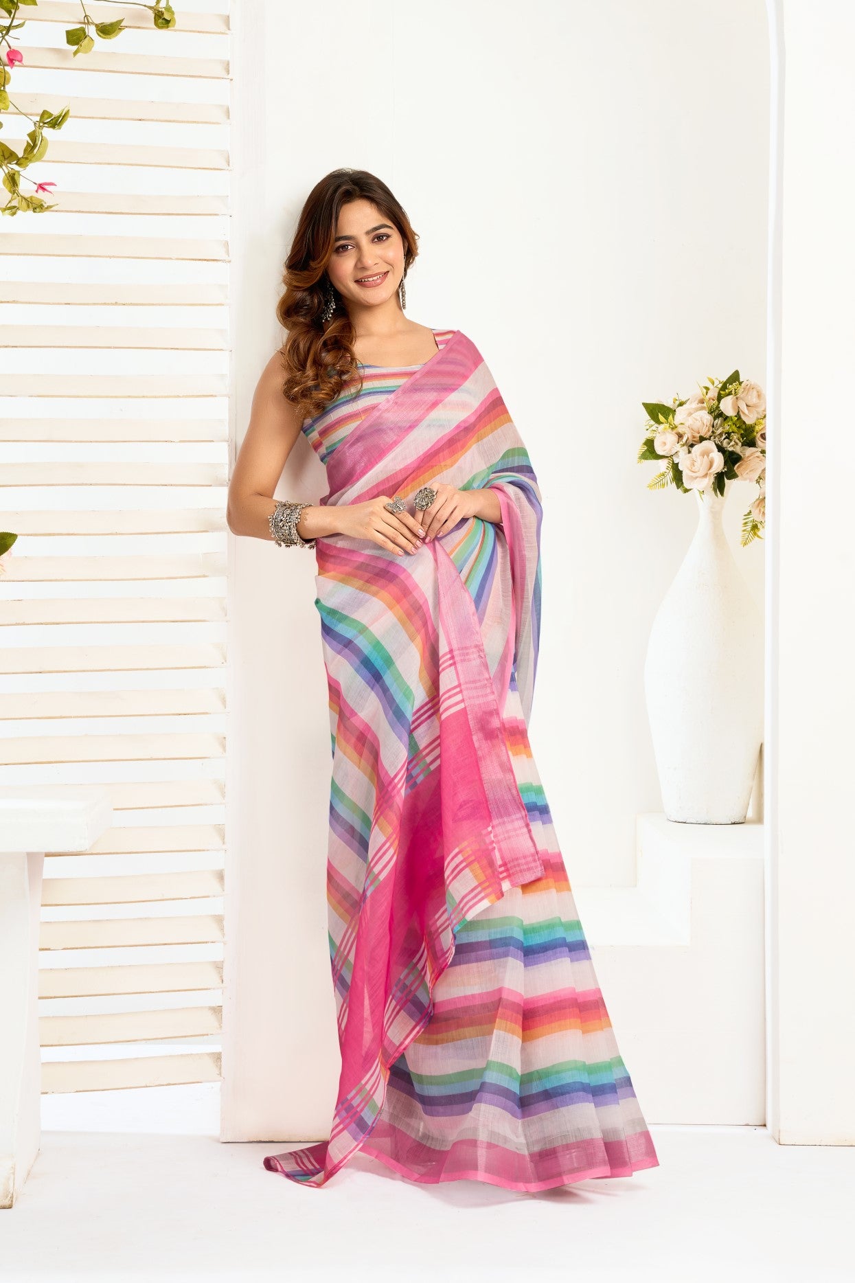 Multi Color Linen Ready To Wear Saree With Zari Border Printed