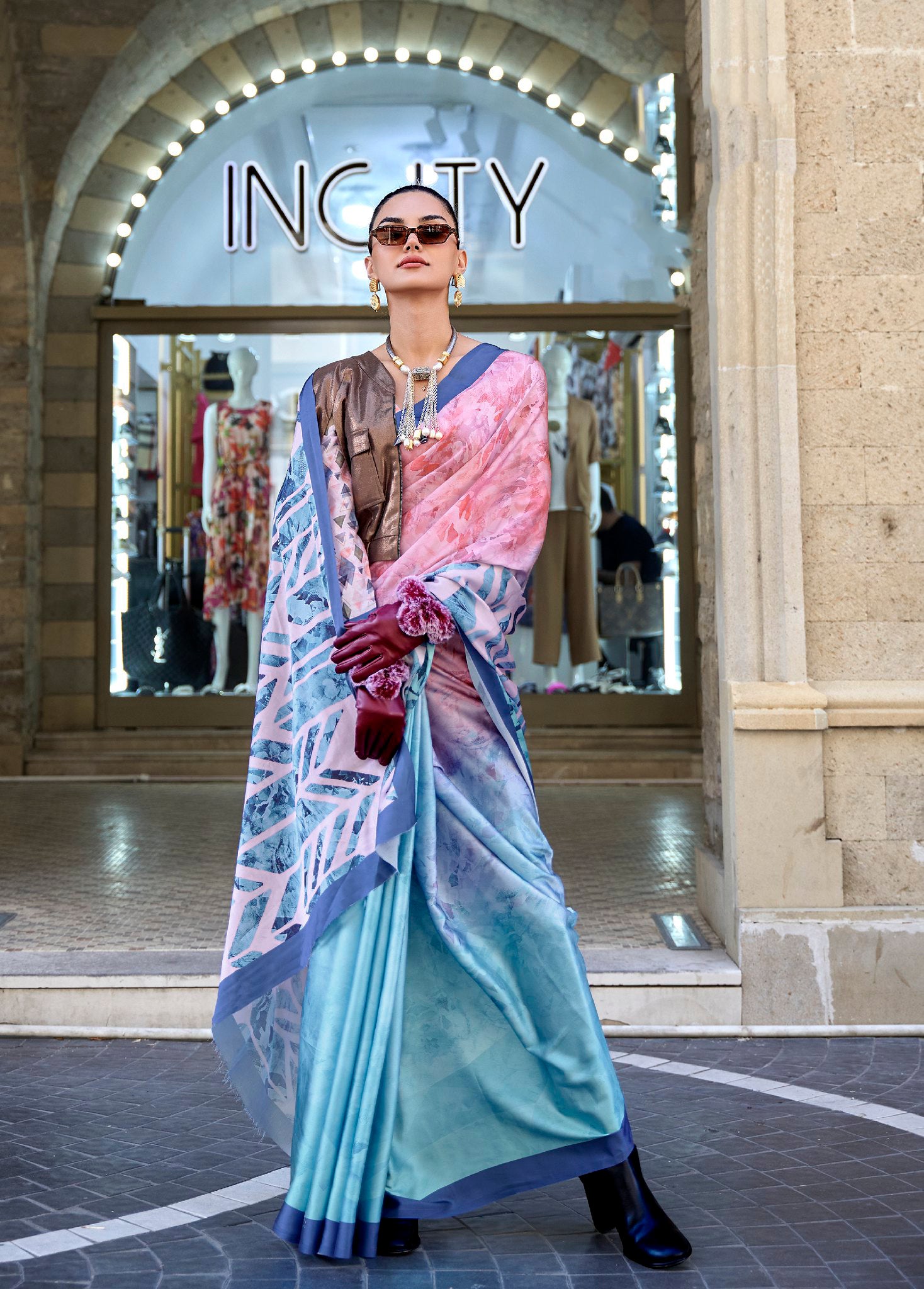 Multi Color Satin Crape Saree With Digital Print