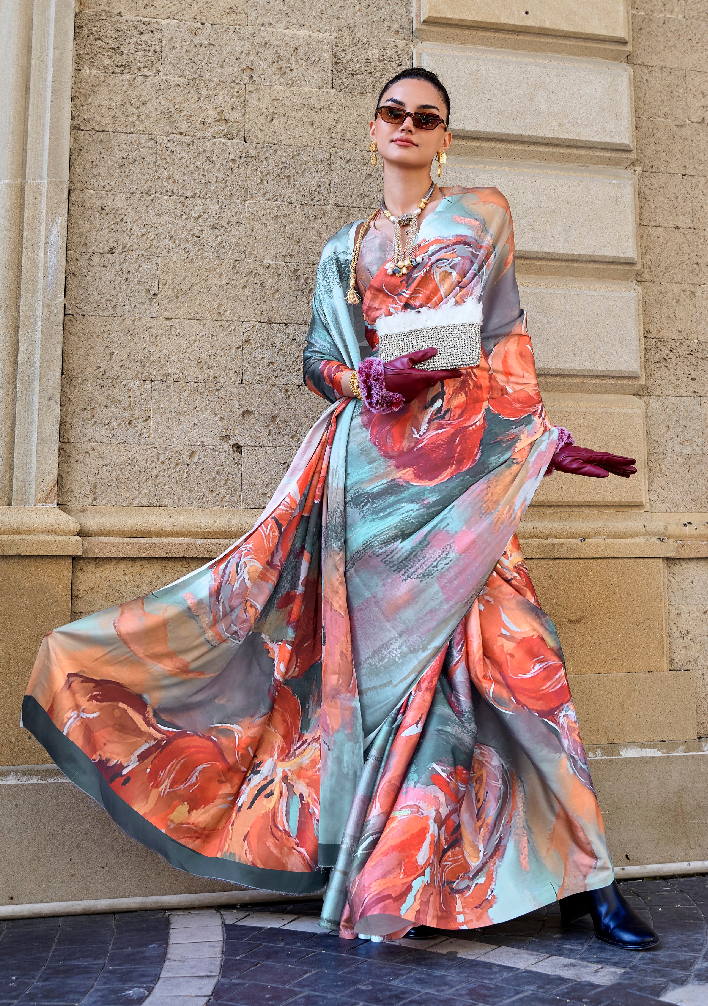 Multi Color Satin Crape Saree With Digital Print