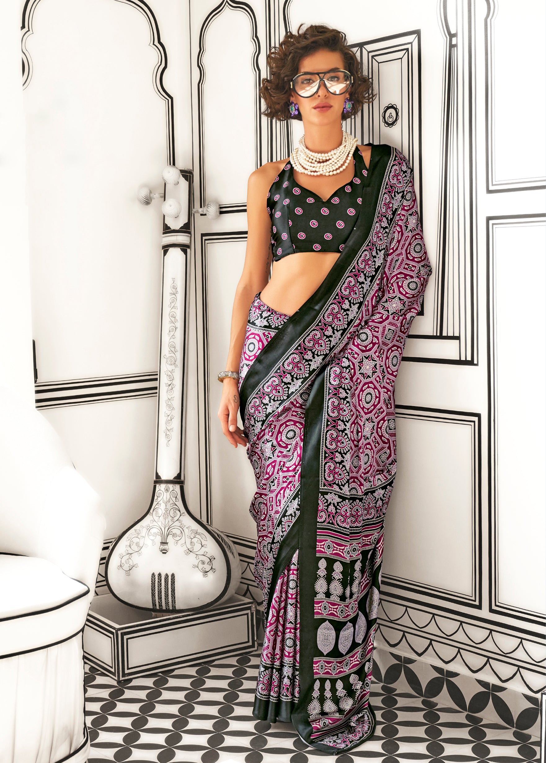 MultiColor Satin Crape Saree With Digital Print