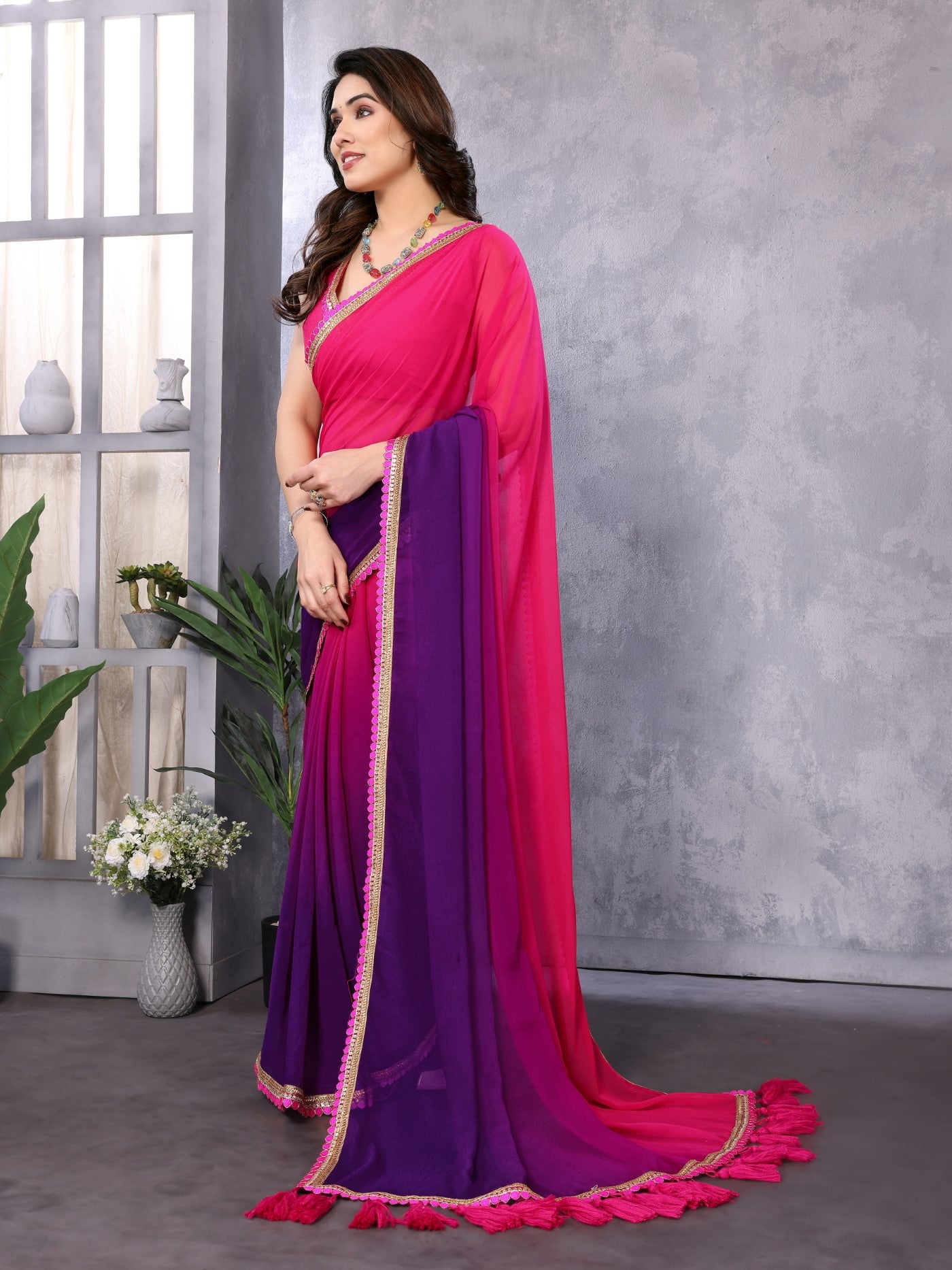 Multi Georgette Saree With Padding Saree With Embroidery Work Lace