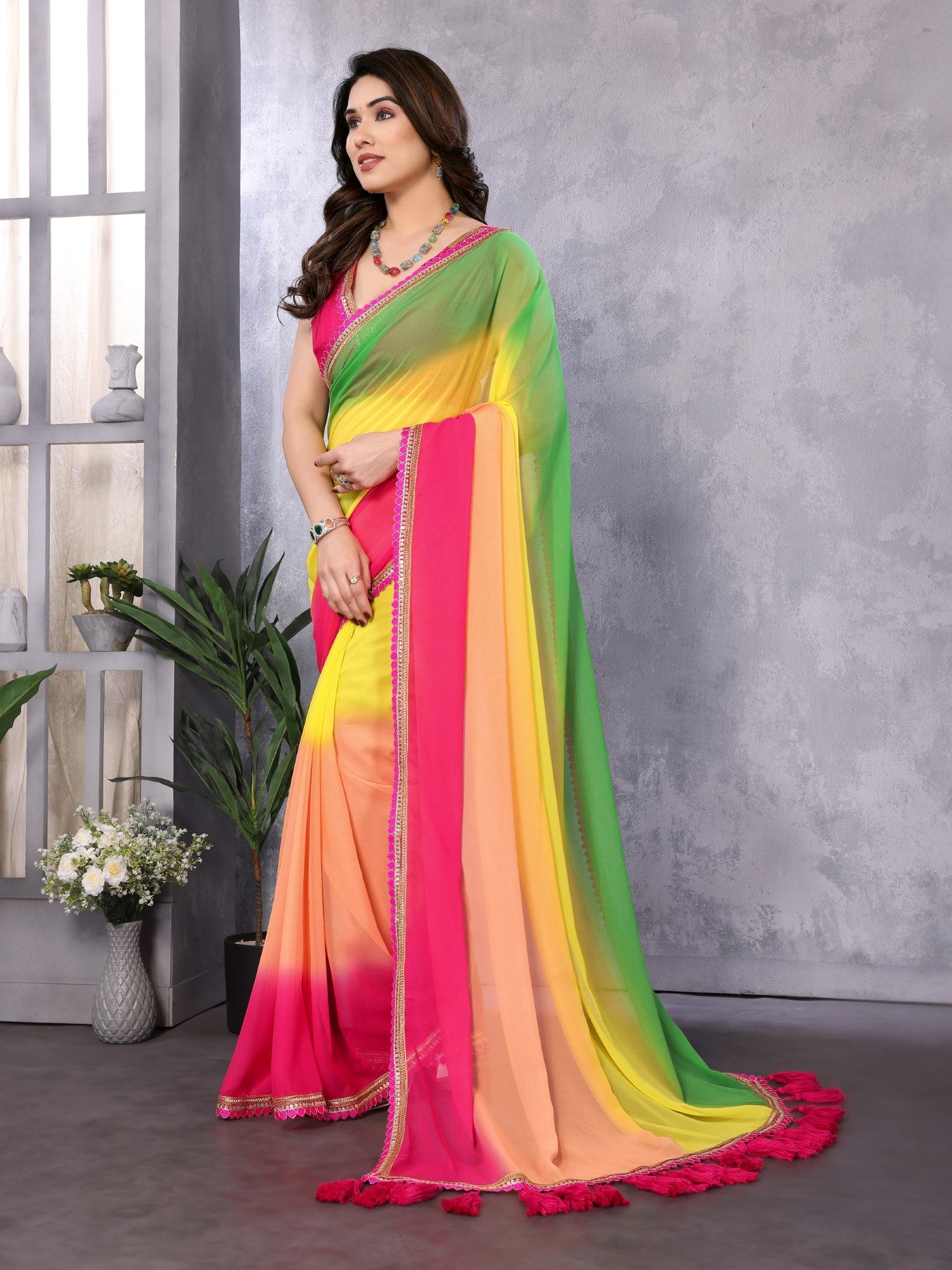 Multi Georgette Saree With Padding Saree With Embroidery Work Lace