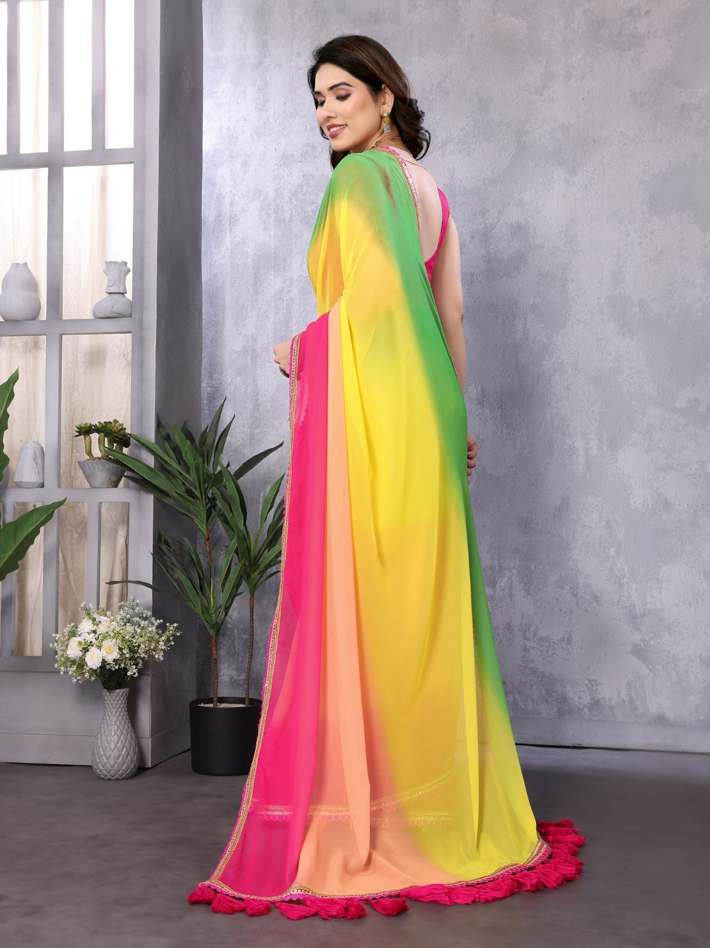 Multi Georgette Saree With Padding Saree With Embroidery Work Lace