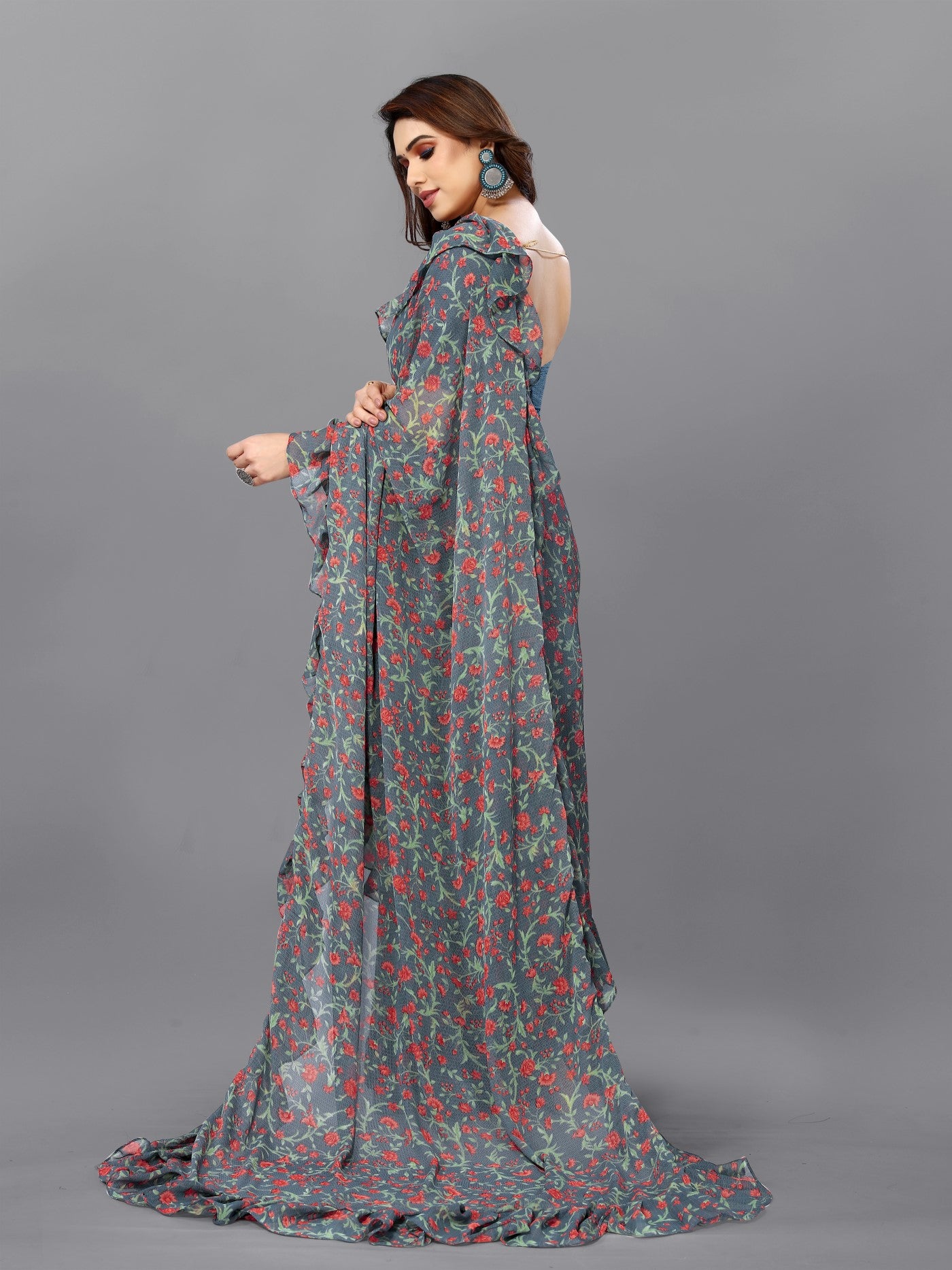 Multi Georgette Saree With Printed Ruffle Saree