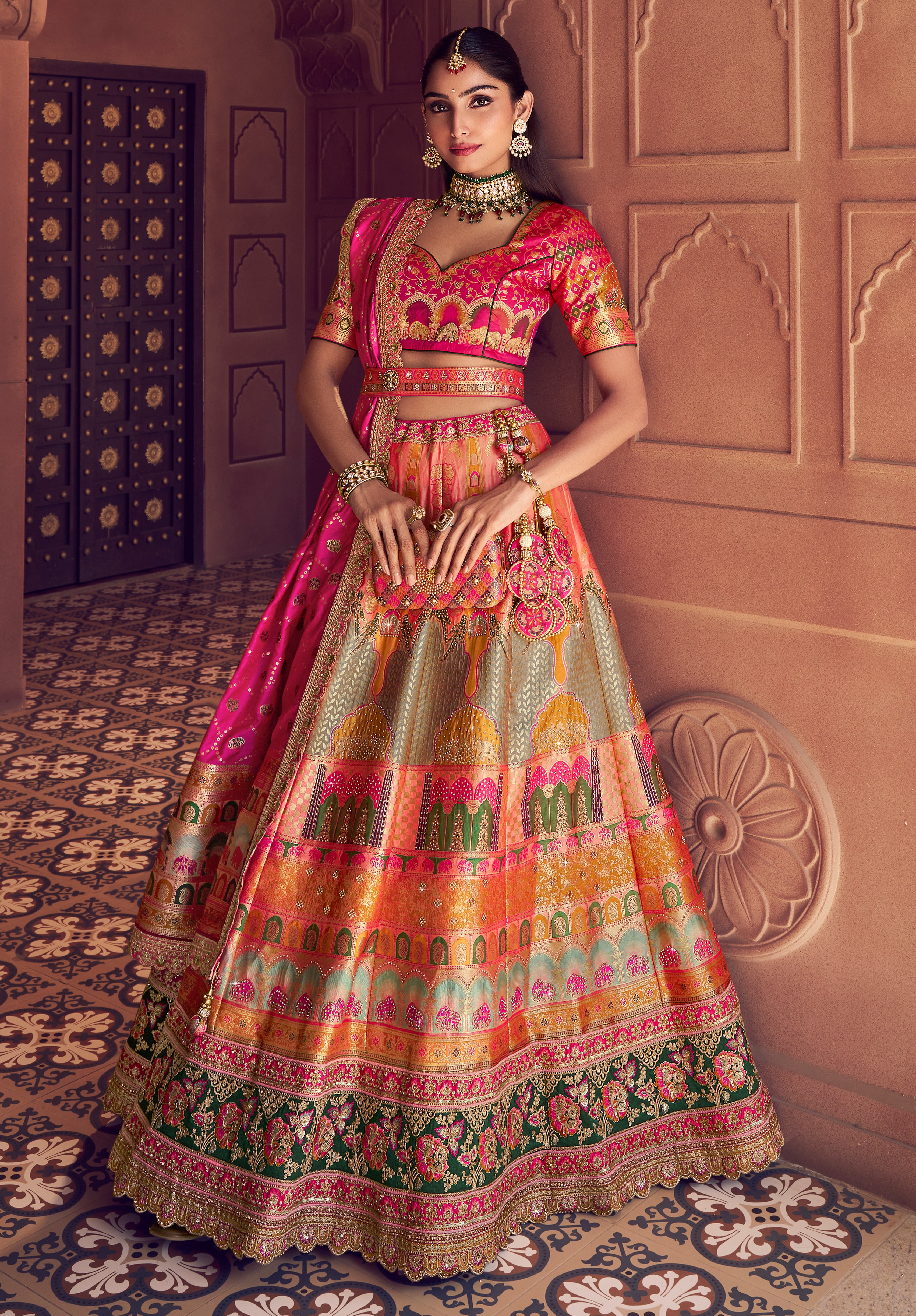 Multicolor Banarasi Premium Silk Lehenga Choli With Heavy Thread Embroidery, Sequence, Swarovski ,Stone With Zari Weaving Work