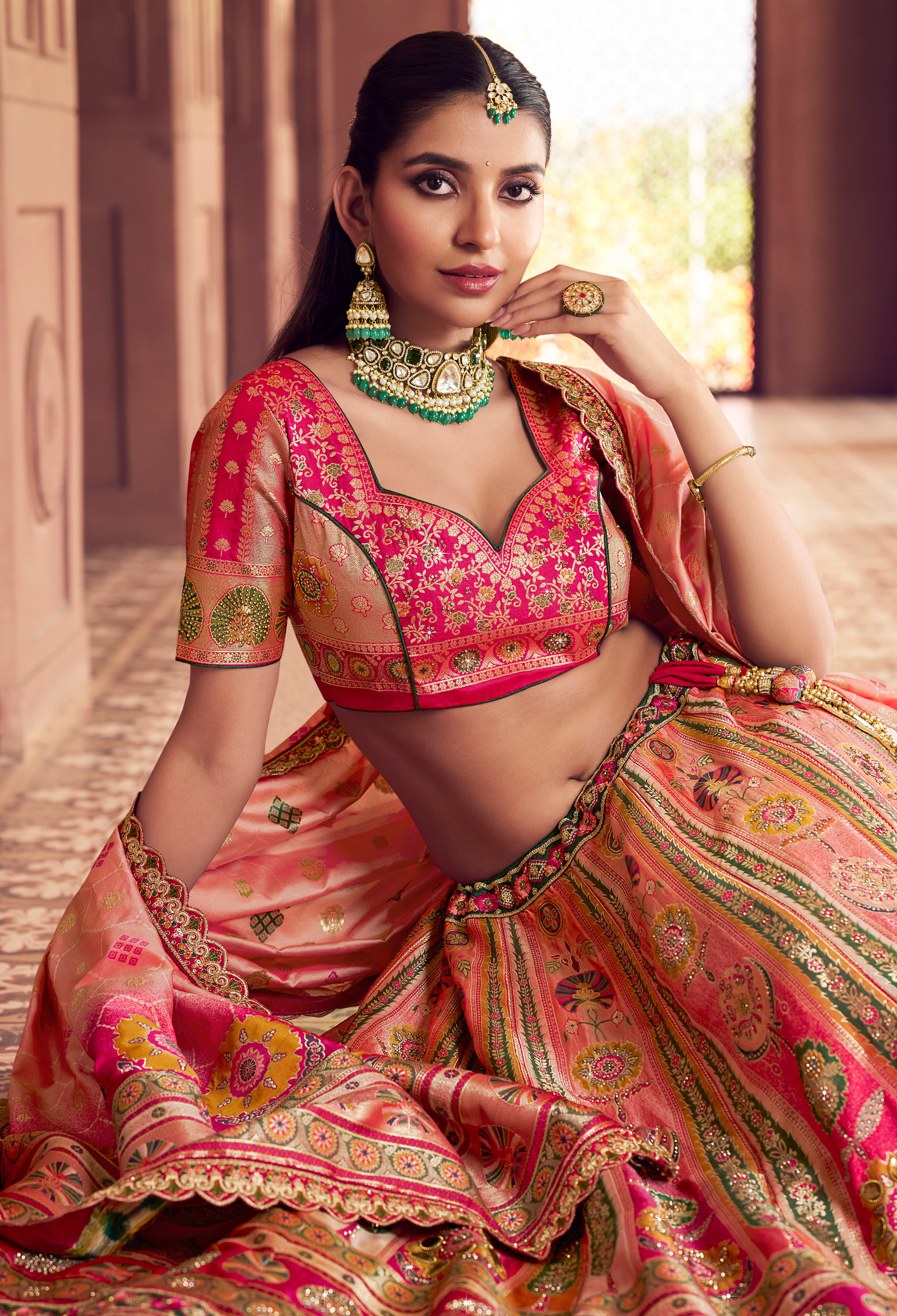 Multicolor Banarasi Premium Silk Lehenga Choli With Heavy Thread Embroidery, Sequence, Swarovski ,Stone With Zari Weaving Work