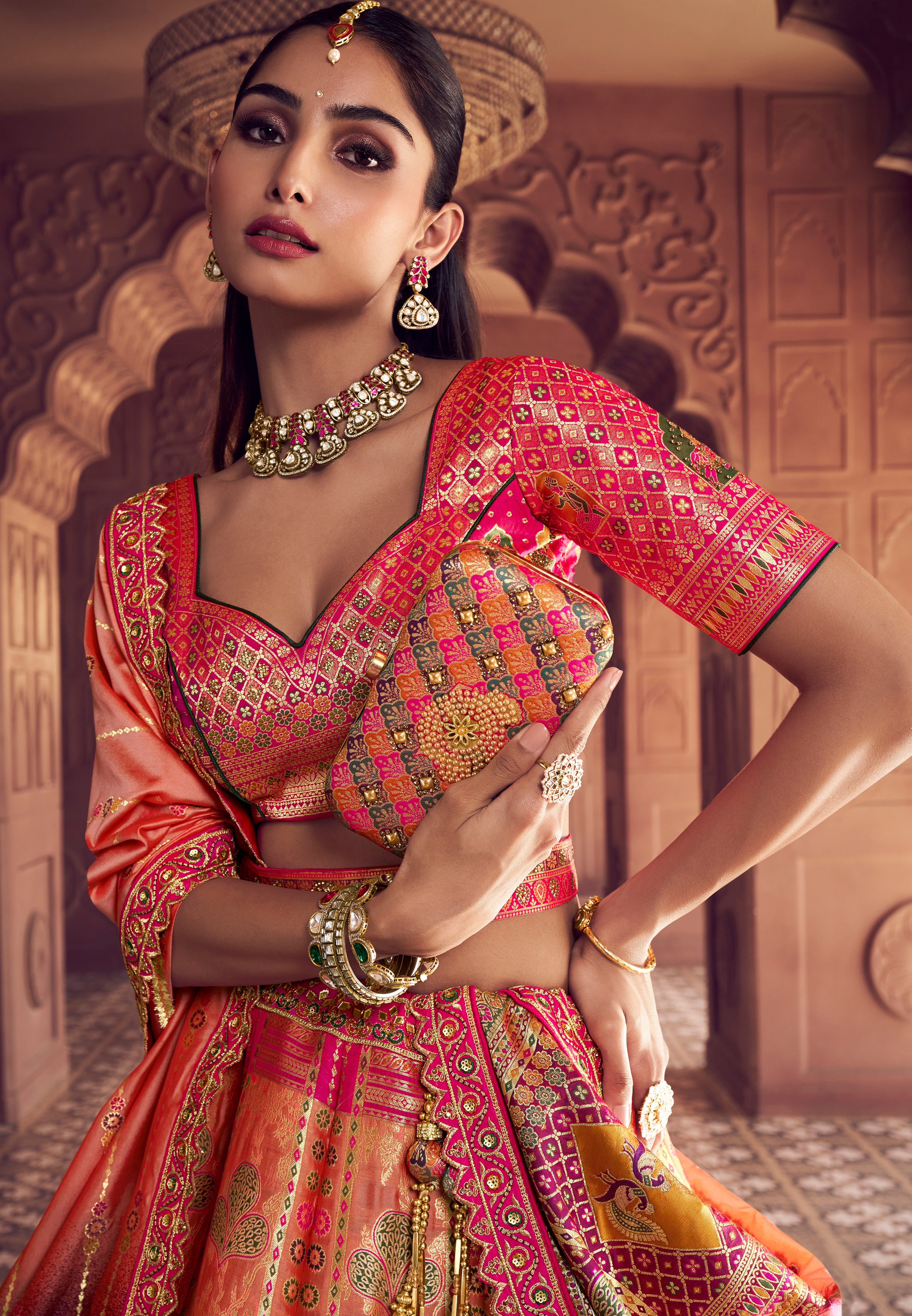 Multicolor Banarasi Premium Silk Lehenga Choli With Heavy Thread Embroidery, Sequence, Swarovski ,Stone With Zari Weaving Work