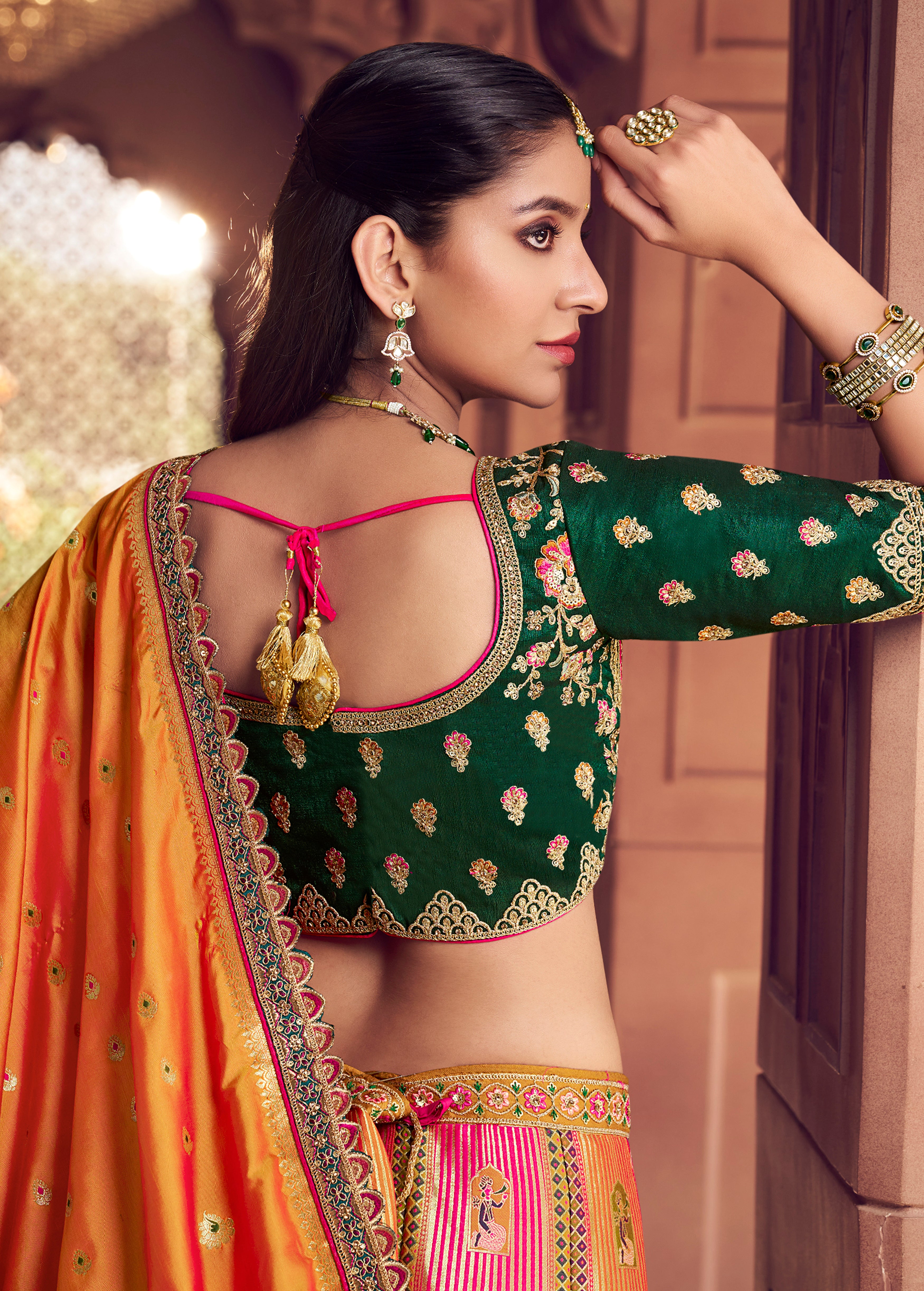 Multicolor Banarasi Premium Silk Lehenga Choli With Heavy Thread Embroidery, Sequence, Swarovski ,Stone With Zari Weaving Work