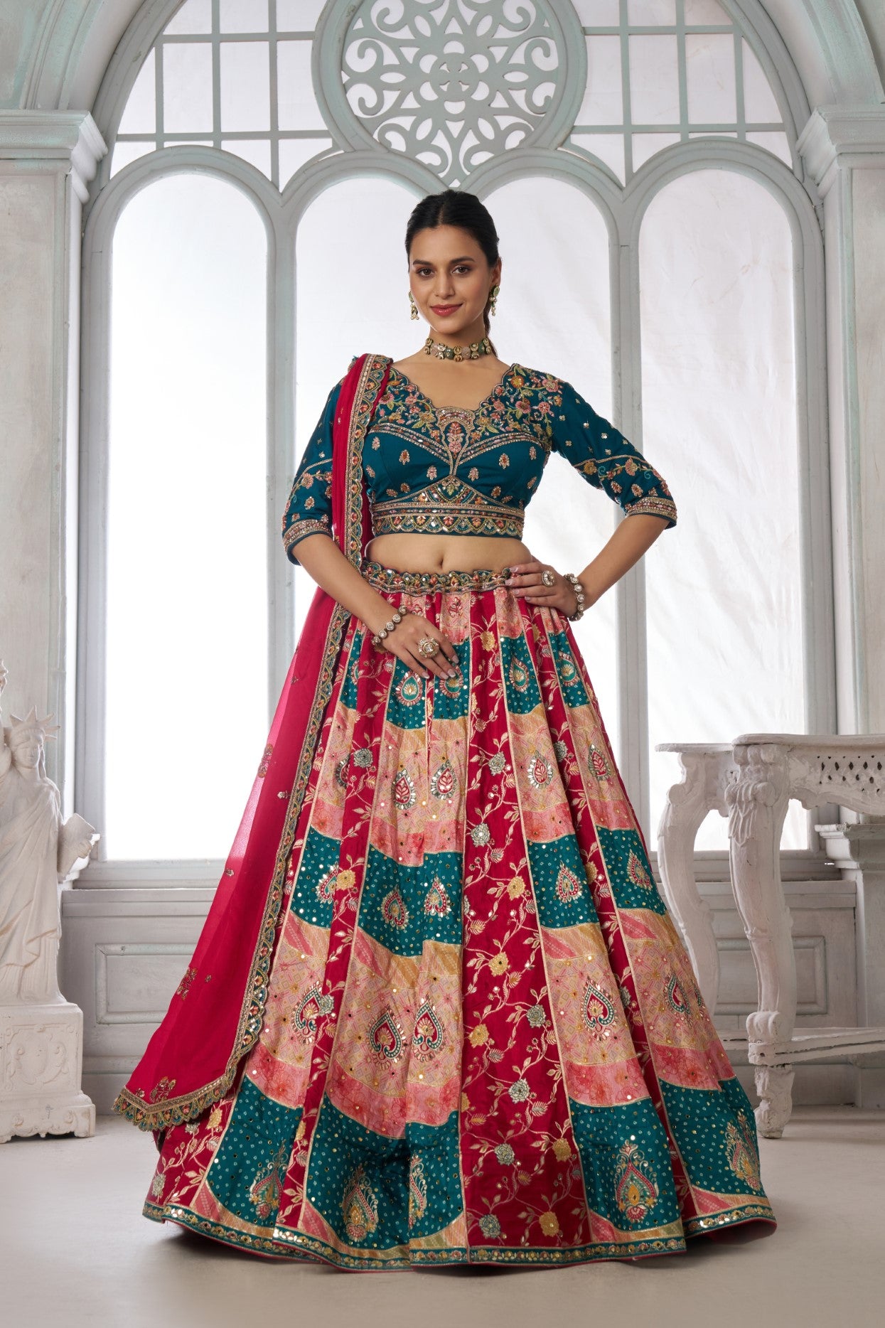 Multicolor Chinon Silk Mehendi Special Lehenga Choli with Embroidered Blouse