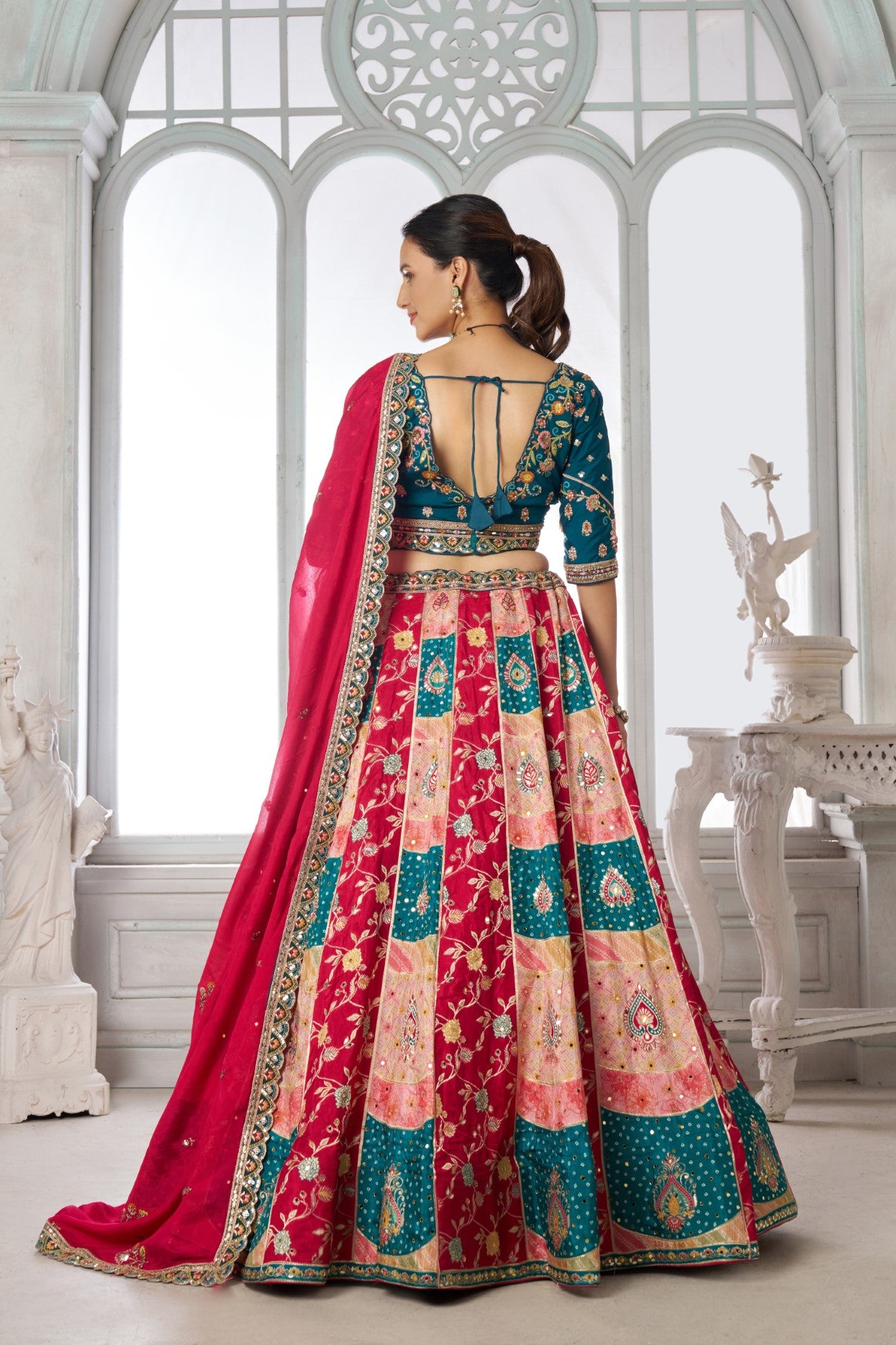 Multicolor Chinon Silk Mehendi Special Lehenga Choli with Embroidered Blouse