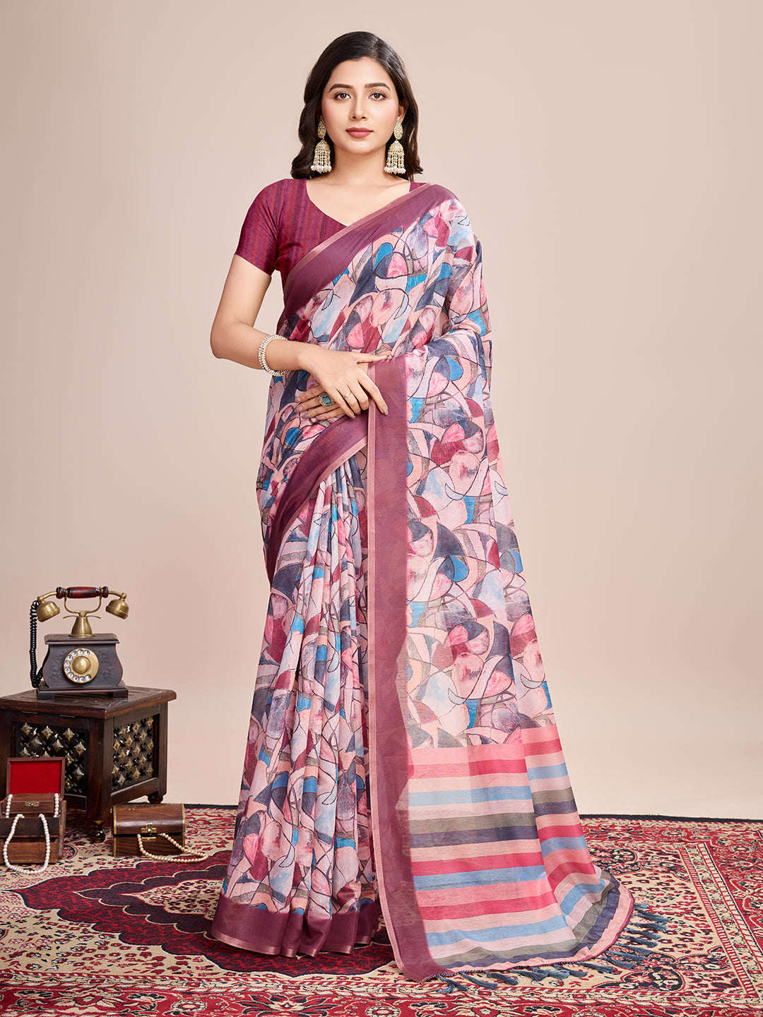 Multicolor Designer Printed Linen Fabric Partywear Saree For Trendy Designer Looks