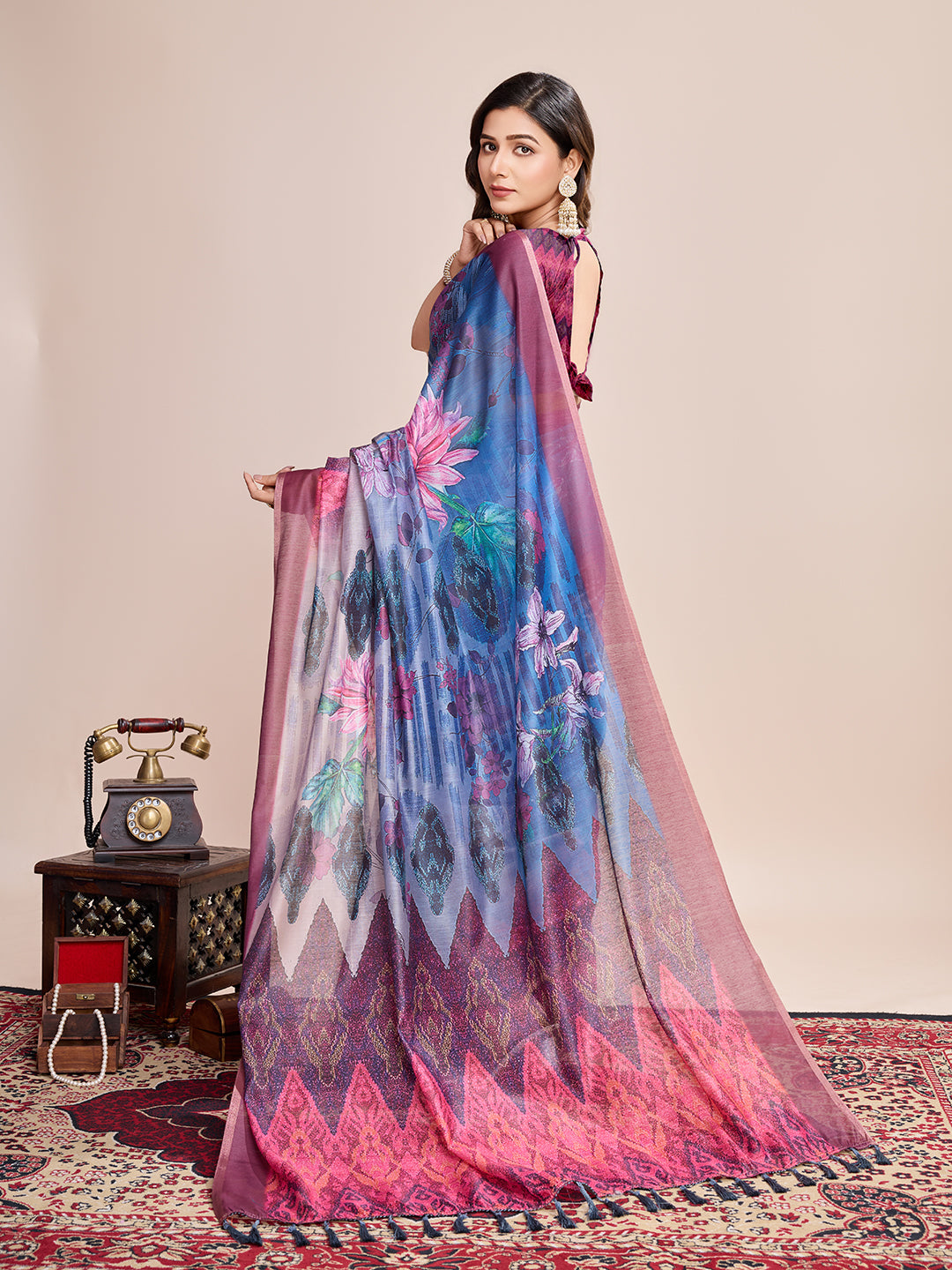 Multicolor Designer Printed Linen Fabric Partywear Saree For Trendy Designer Looks