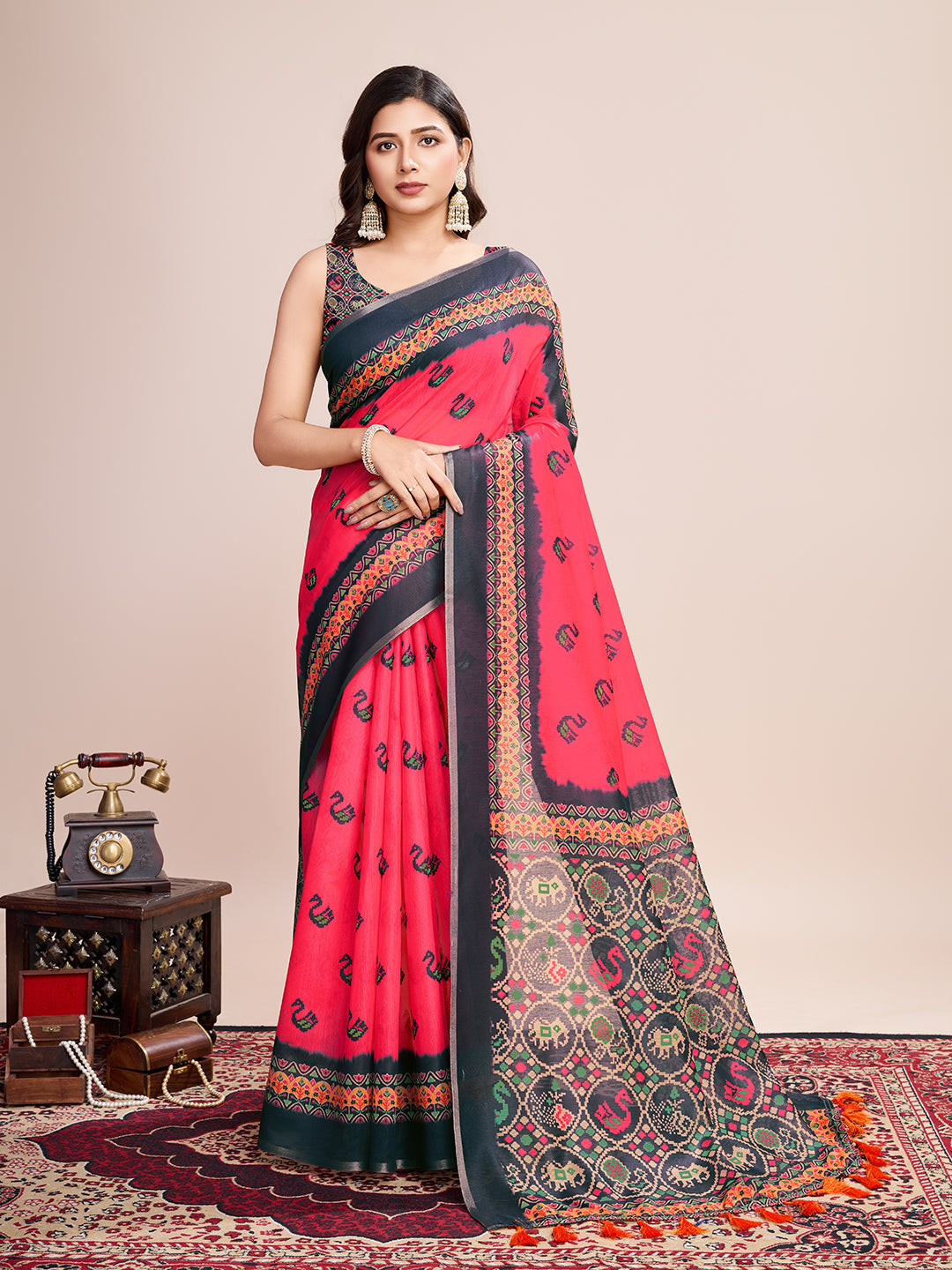 Multicolor Designer Printed Linen Fabric Partywear Saree For Trendy Designer Looks