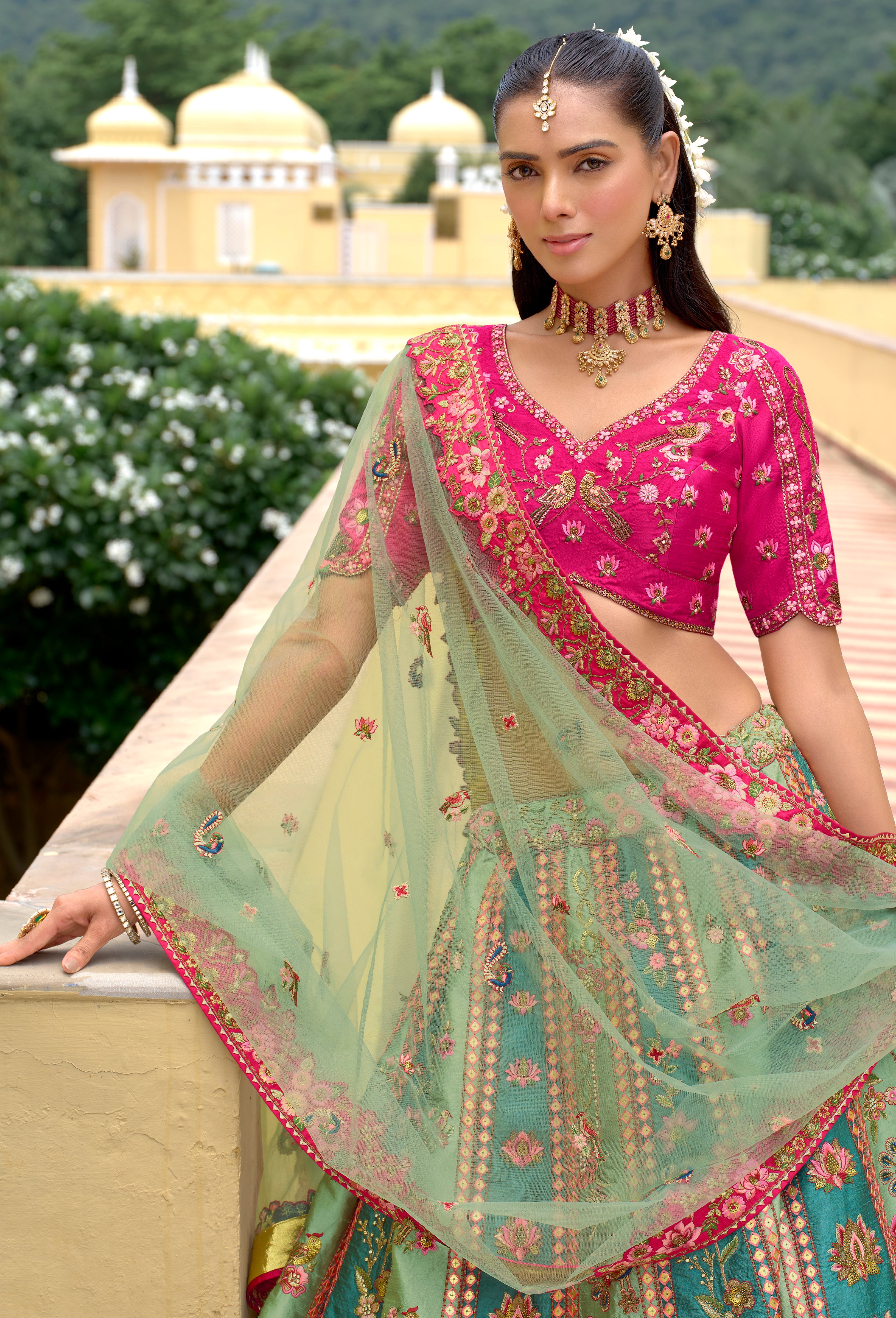 Multicolor Fancy Silk Lehenga Choli With Heavy Thread Embroidery, Stone, Sequence, Mirror and Cut Work Border