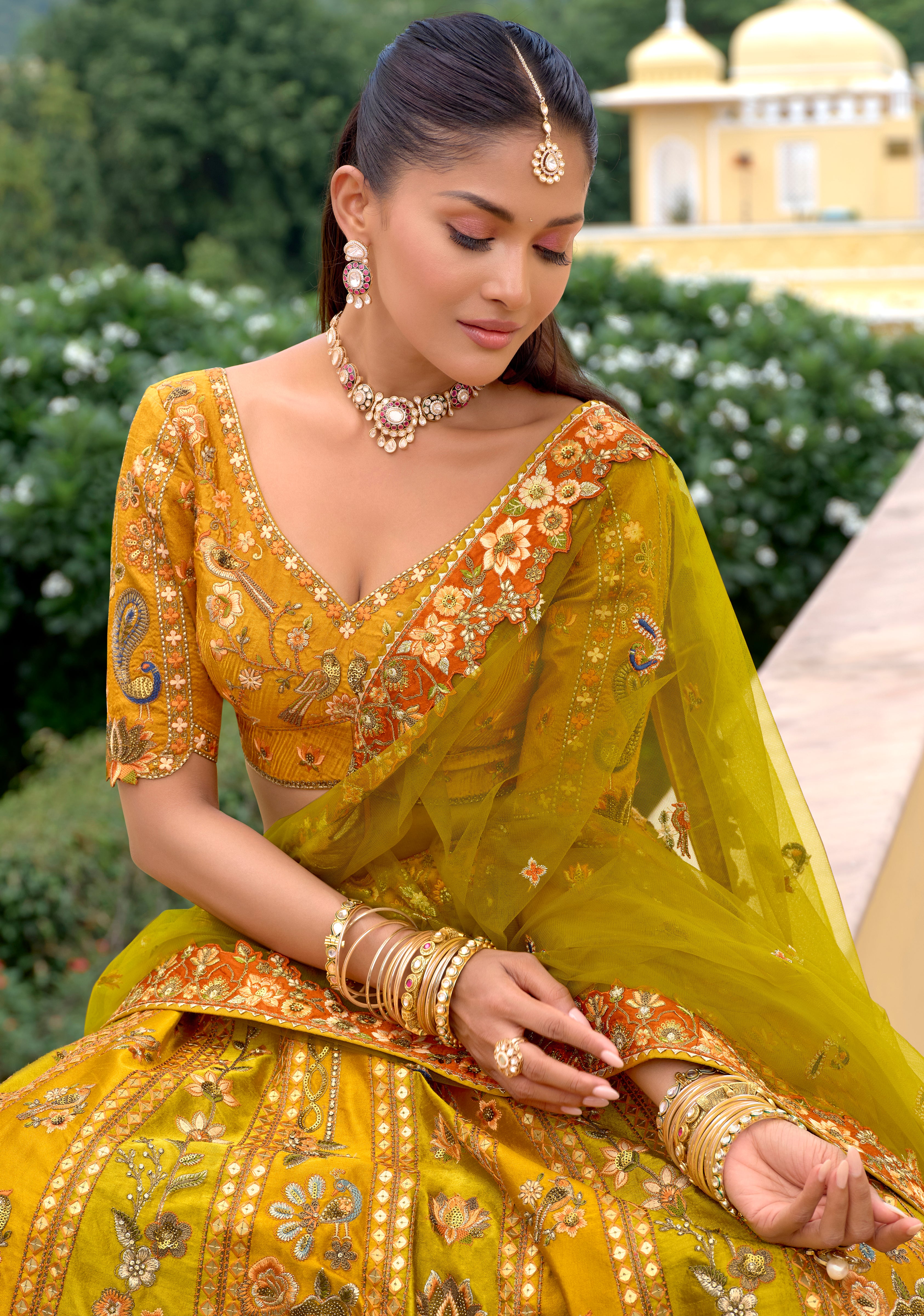 Multicolor Fancy Silk Lehenga Choli With Heavy Thread Embroidery, Stone, Sequence, Mirror and Cut Work Border