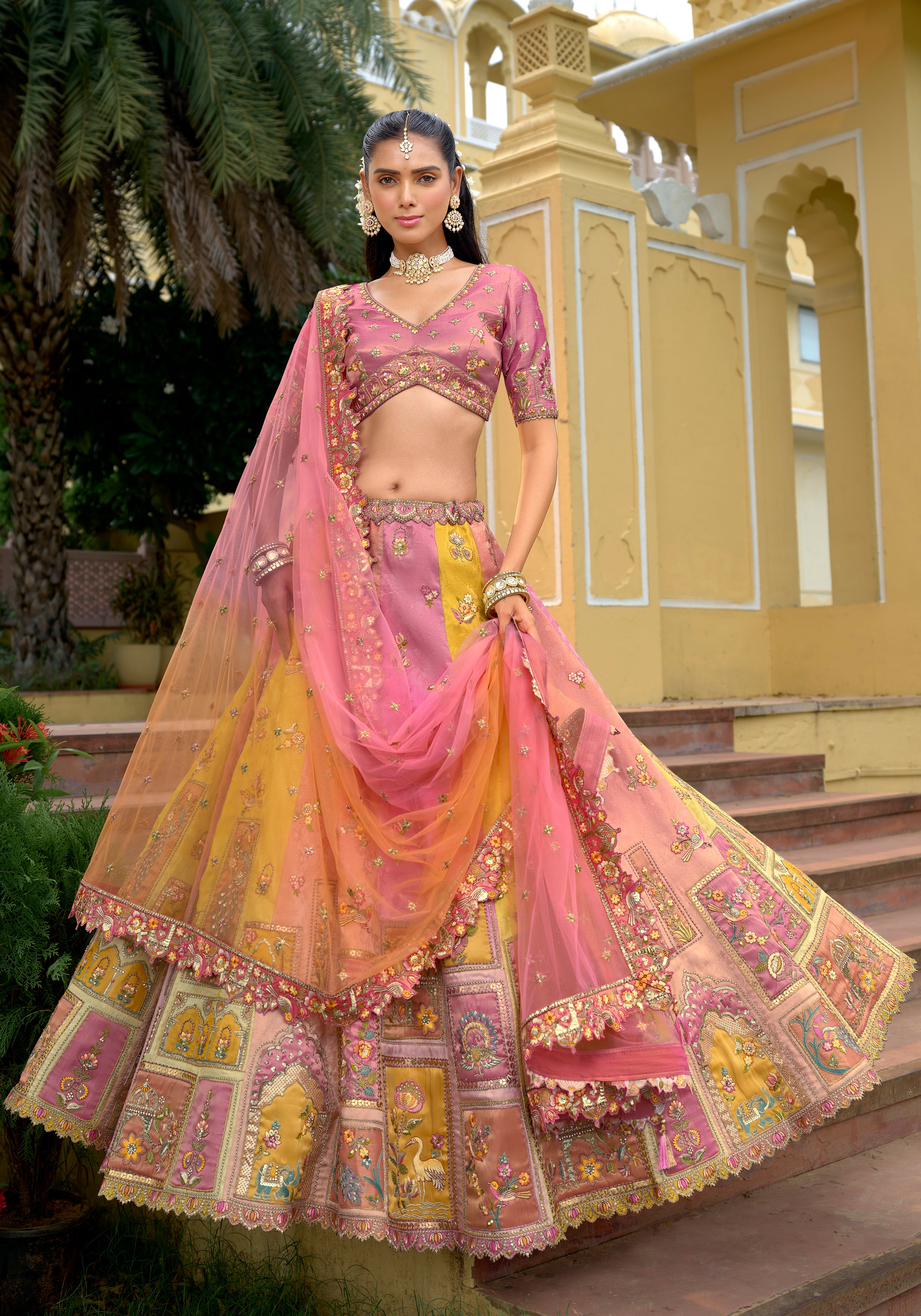Multicolor Fancy Silk Lehenga Choli With Heavy Thread Embroidery, Stone, Sequence, Mirror and Cut Work Border