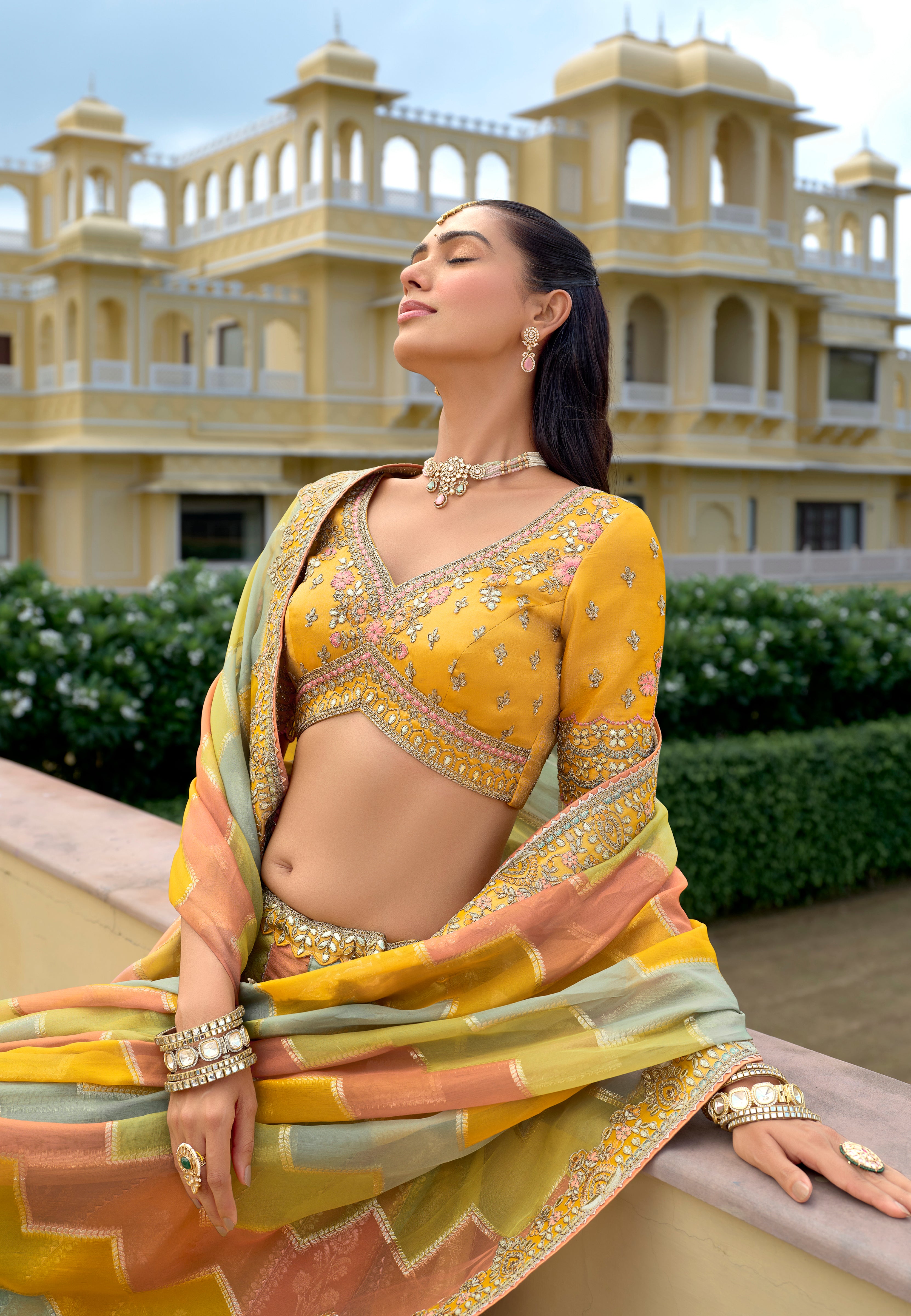 Multicolor Fancy Silk Lehenga Choli With Heavy Thread Embroidery, Stone, Sequence, Mirror and Cut Work Border