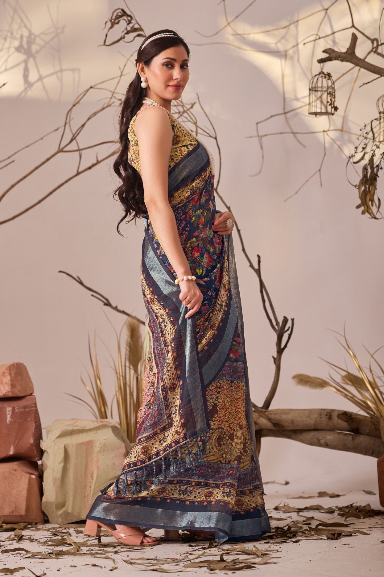 Multicolor Linen Cotton Saree with Digital Print