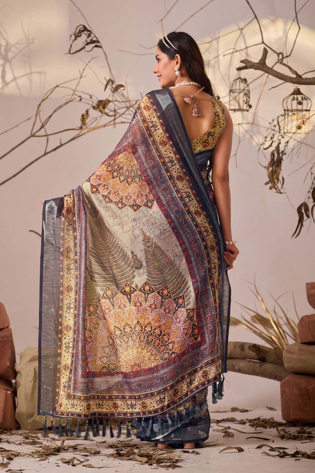 Multicolor Linen Cotton Saree with Digital Print
