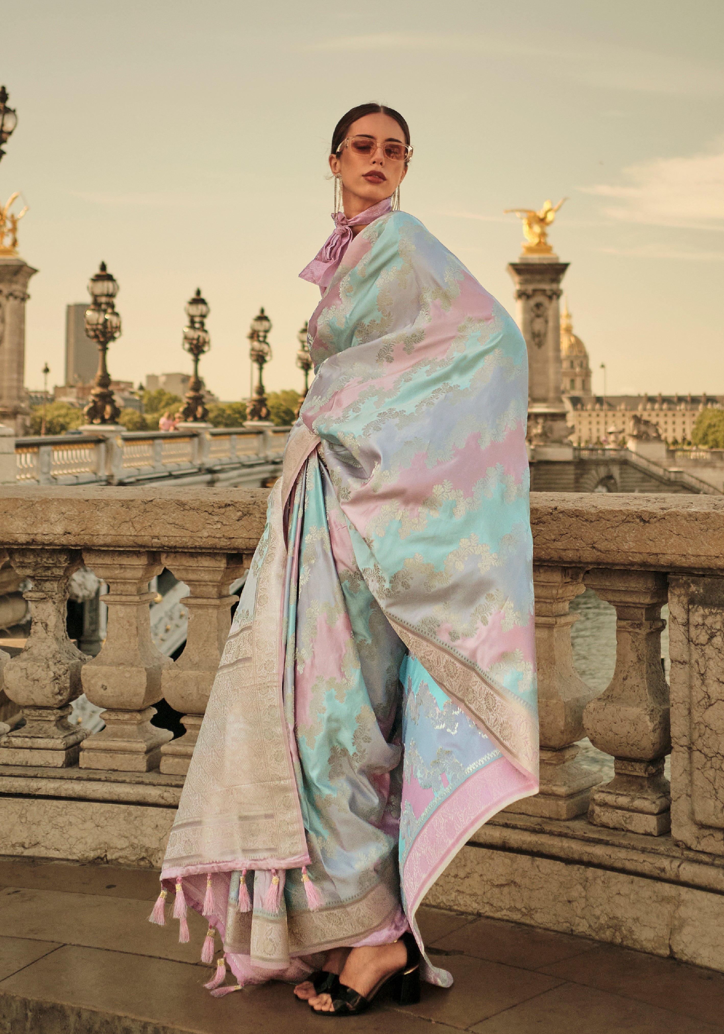 Multicolor Ranghat Satin Saree With Woven Work