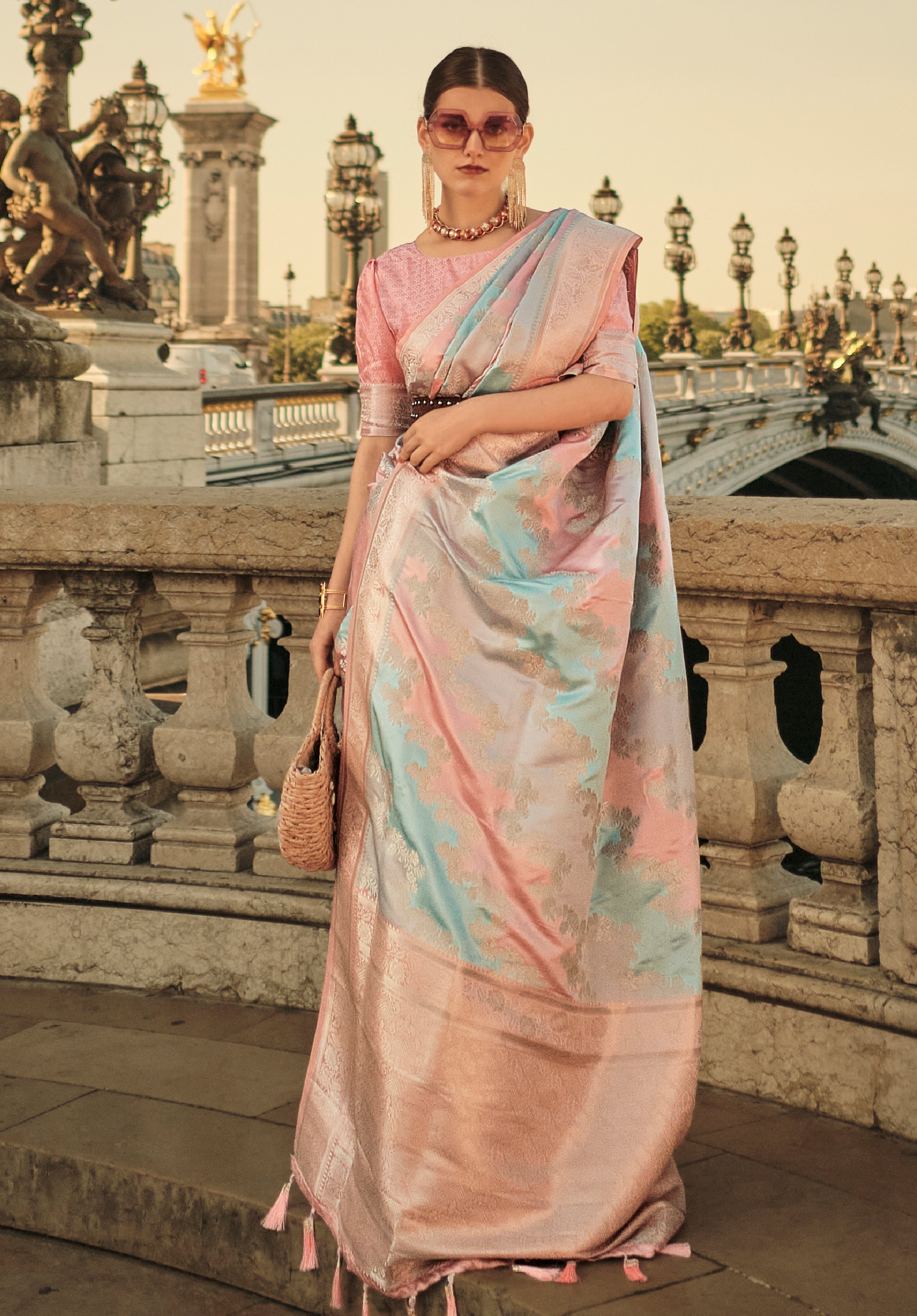 Multicolor Ranghat Satin Saree With Woven Work