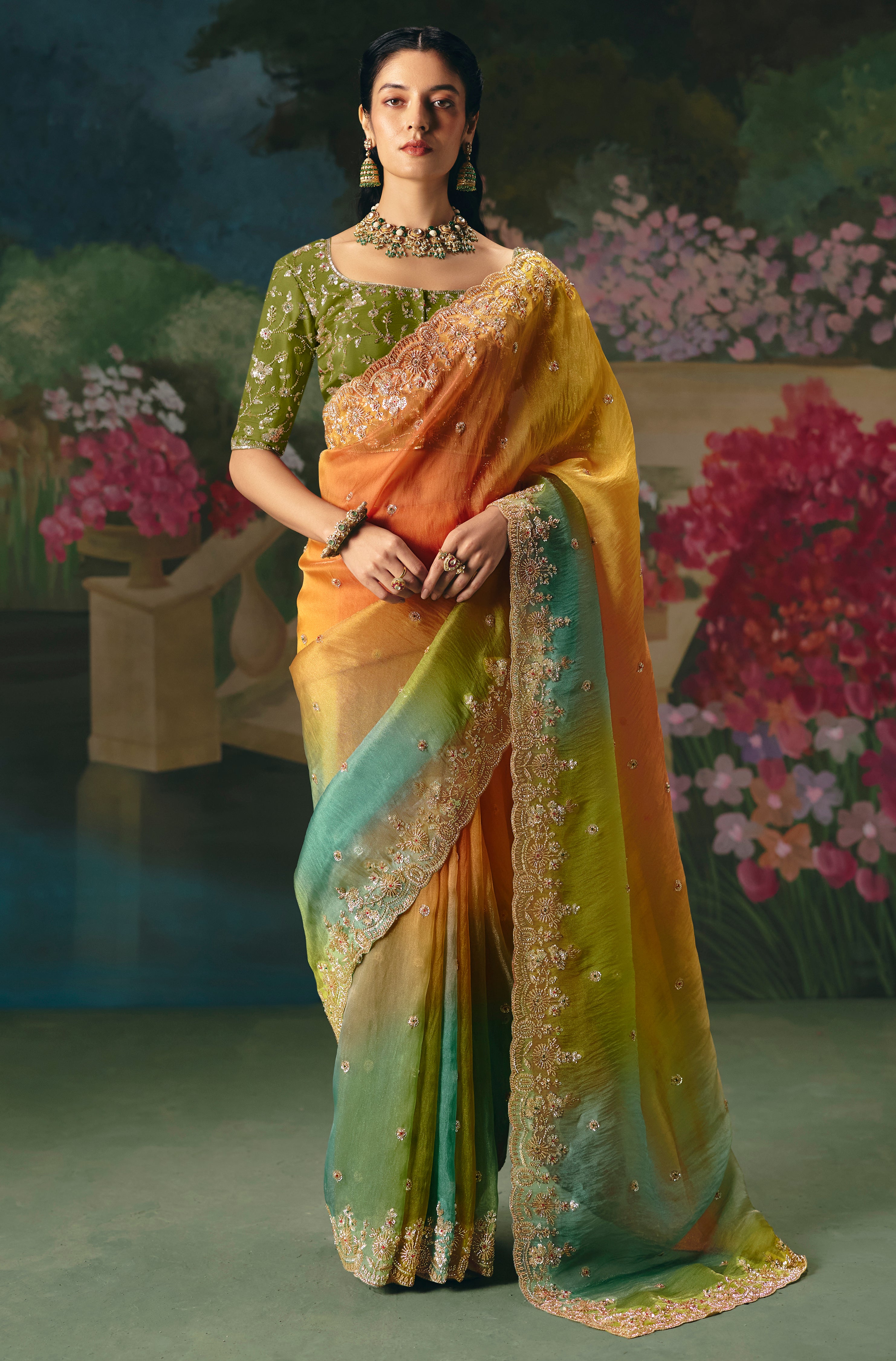 Multicolor Saree With Heavy Designer Embroidery, Sequince, Stone, With Beads Work