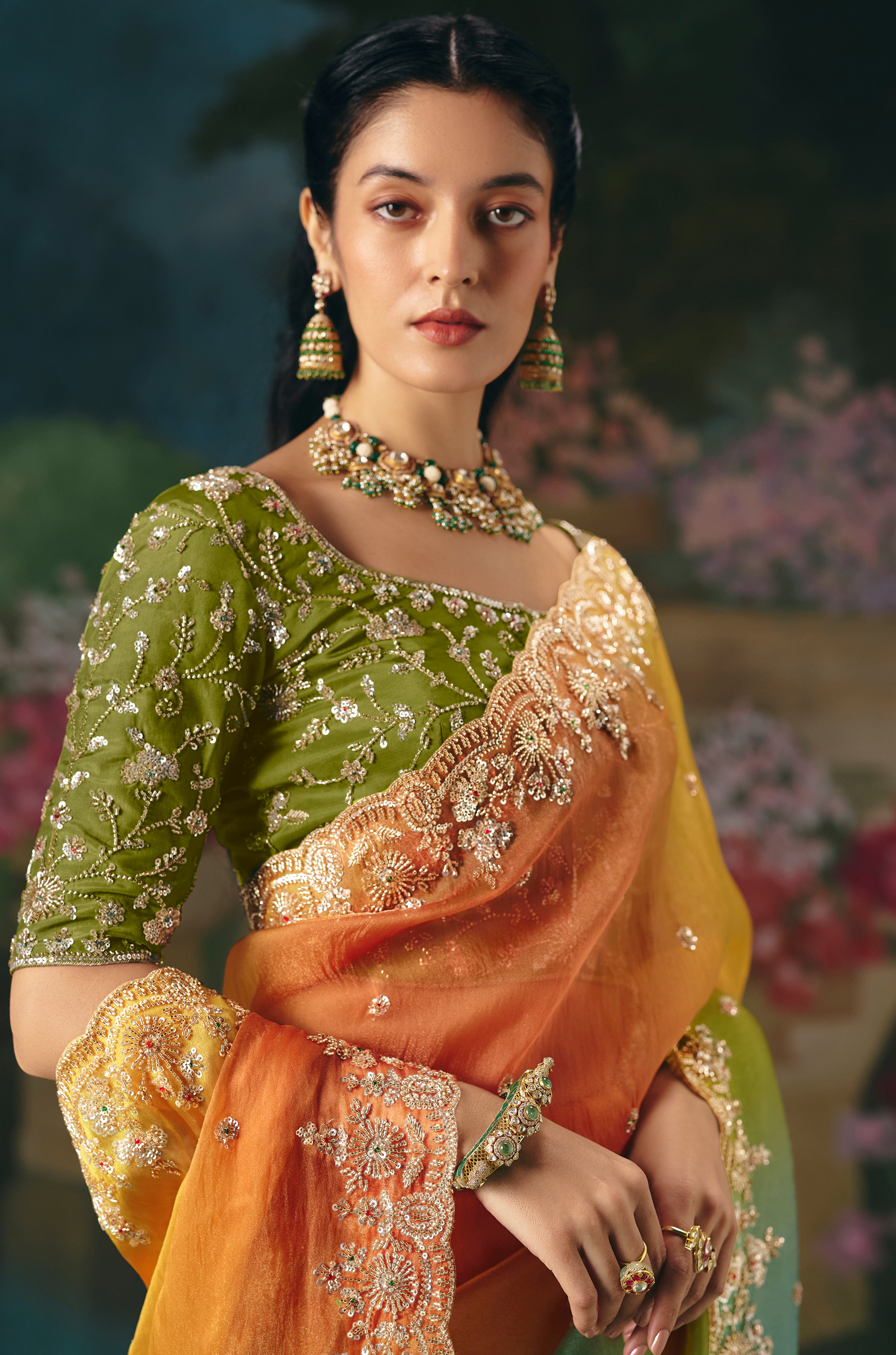 Multicolor Saree With Heavy Designer Embroidery, Sequince, Stone, With Beads Work