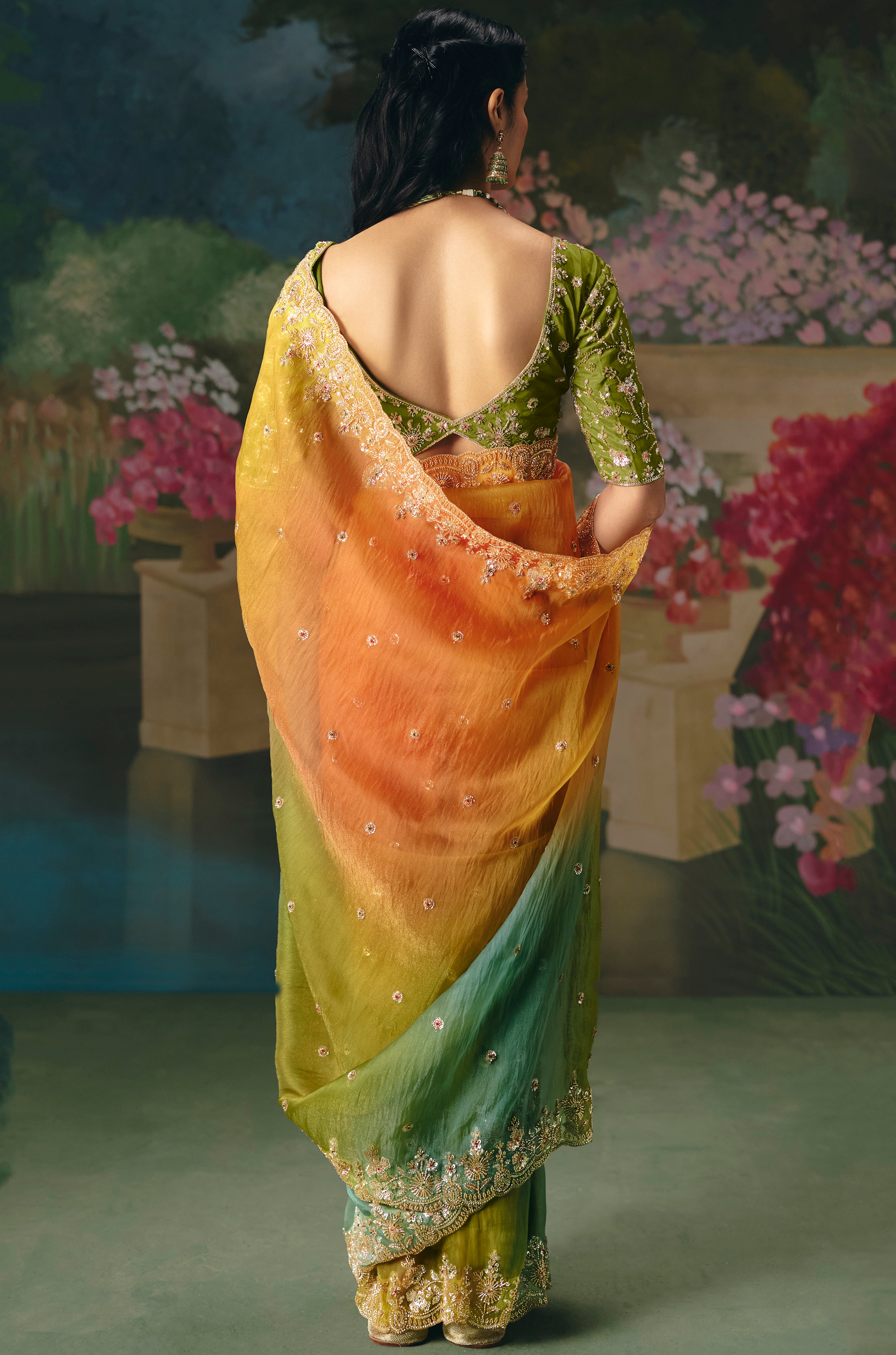 Multicolor Saree With Heavy Designer Embroidery, Sequince, Stone, With Beads Work