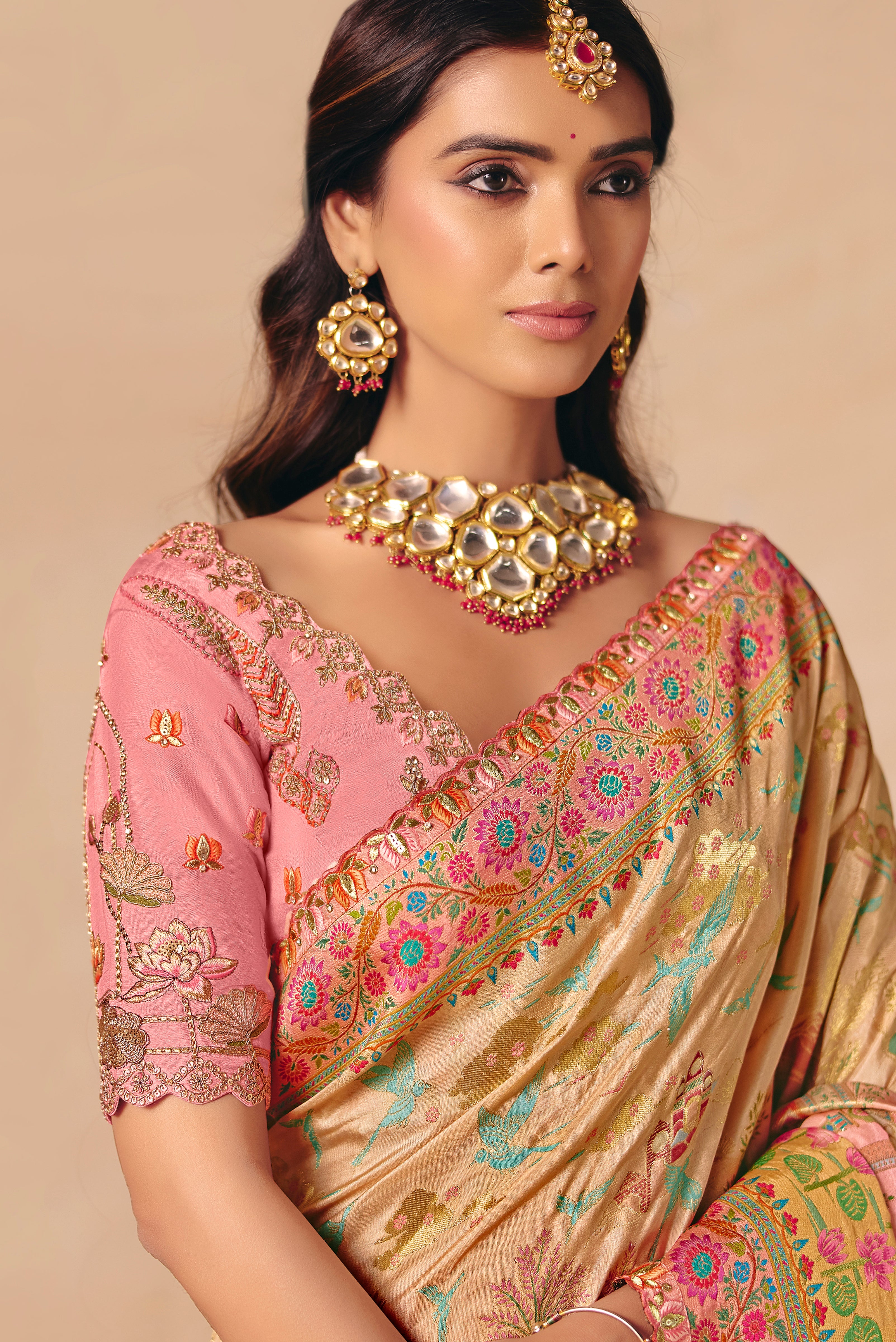 Multicolor Saree With Heavy Embroidery, Sequin, Thread, and Stone Work On Patli & Cutwork Lace With Heavy Work Blouse