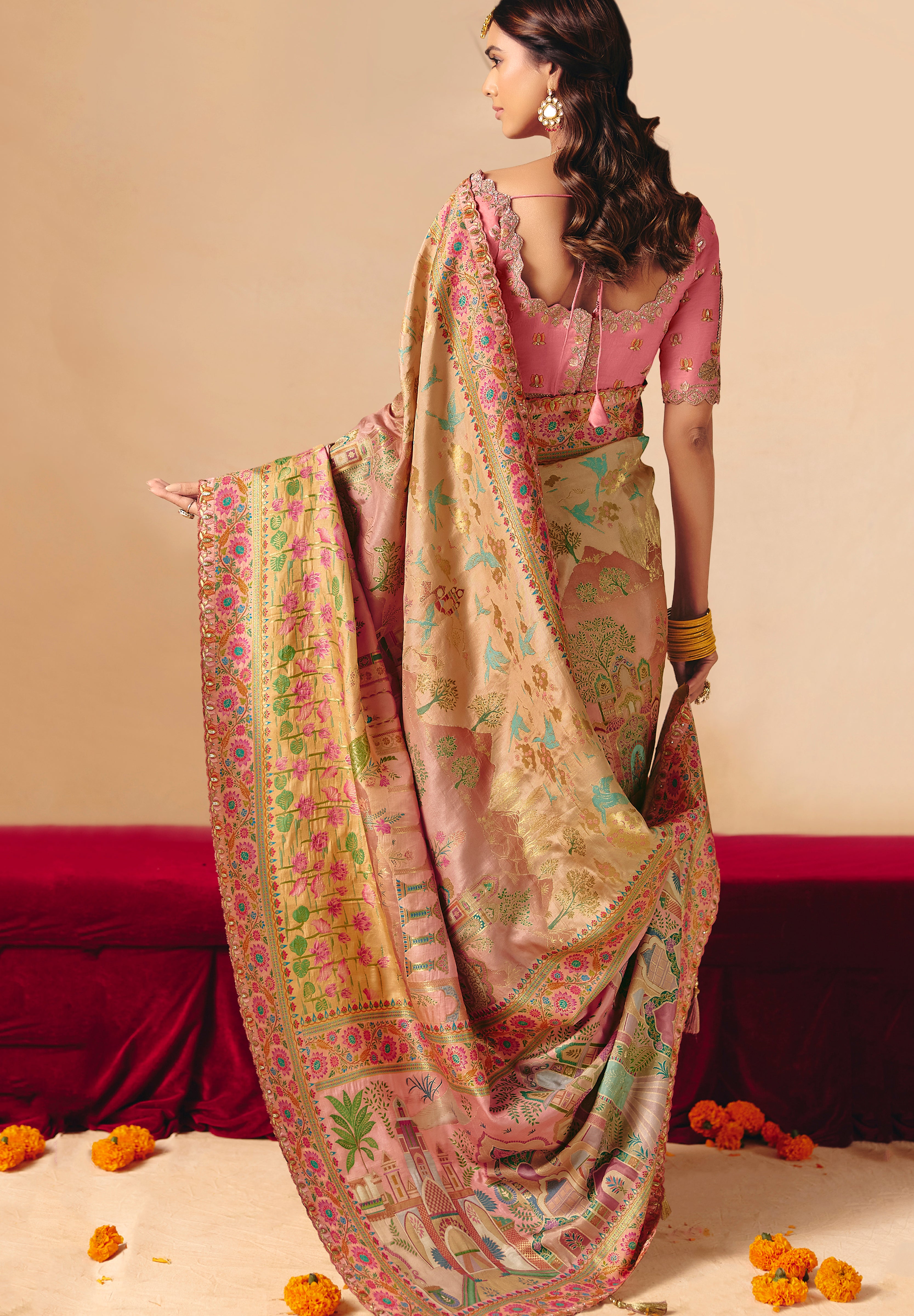 Multicolor Saree With Heavy Embroidery, Sequin, Thread, and Stone Work On Patli & Cutwork Lace With Heavy Work Blouse
