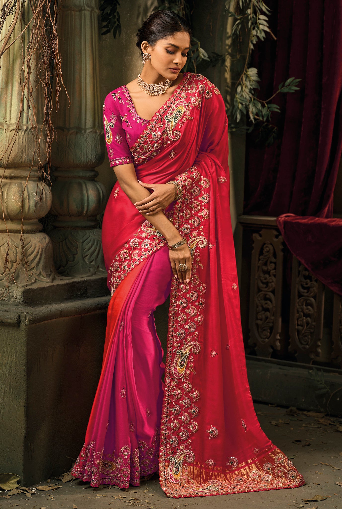 Multicolor Saree With Jari, Thread, Moti With Emerald Heavy Work