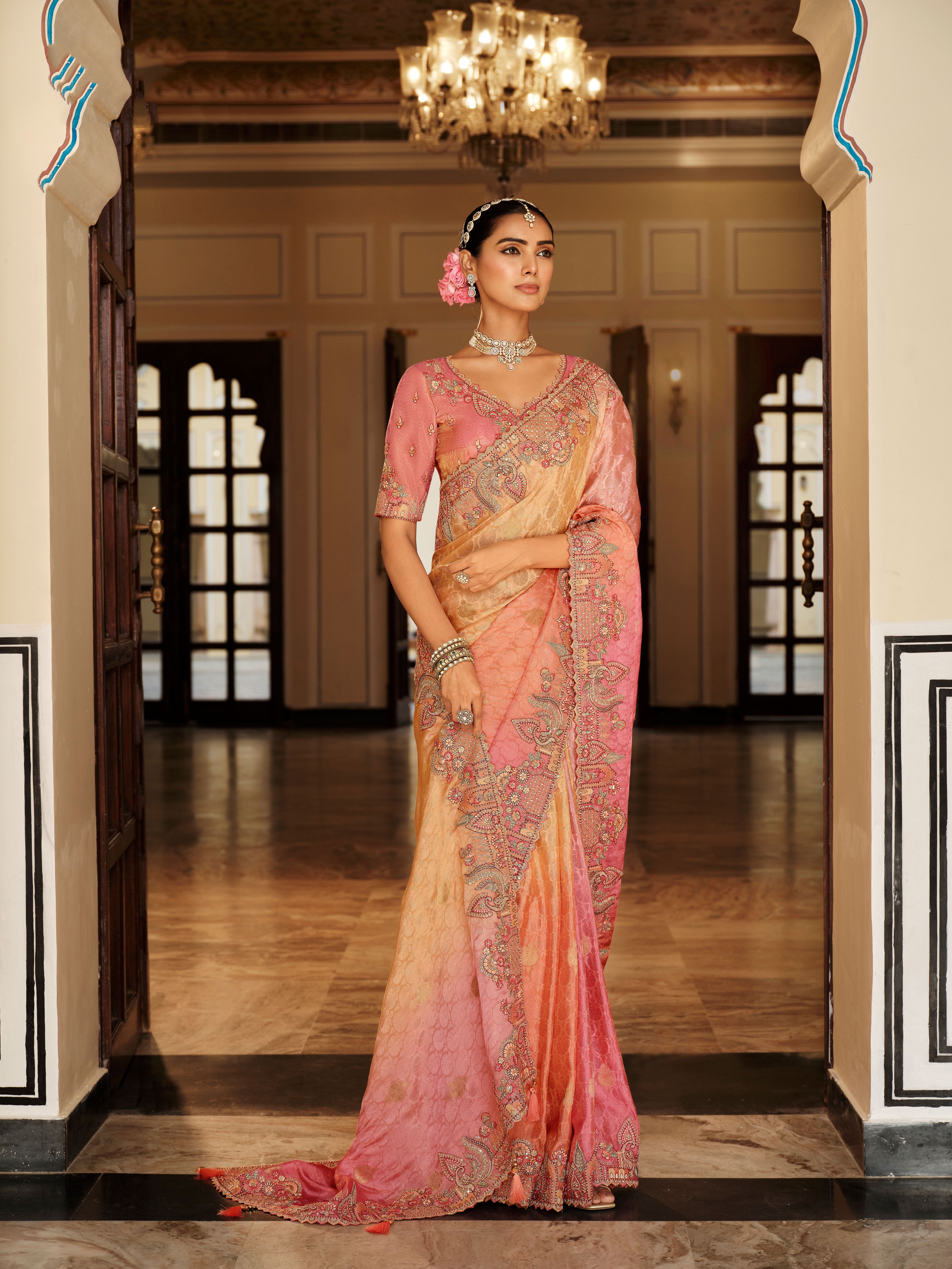 Multicolor Saree With Zari weaving With Heavy Thread Embroidery With khatli work