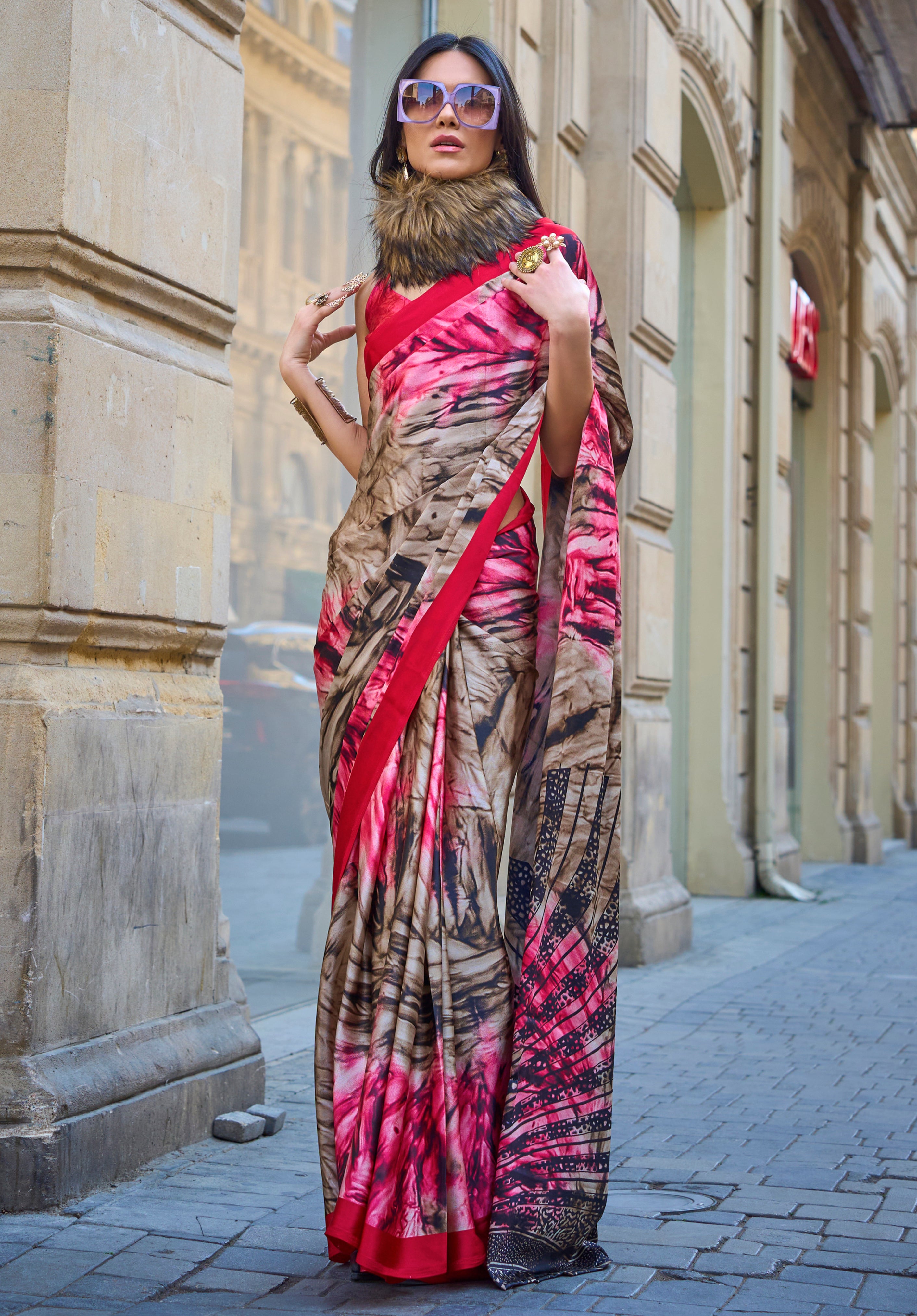 Multicolor Satin Crepe Saree With Digital Print