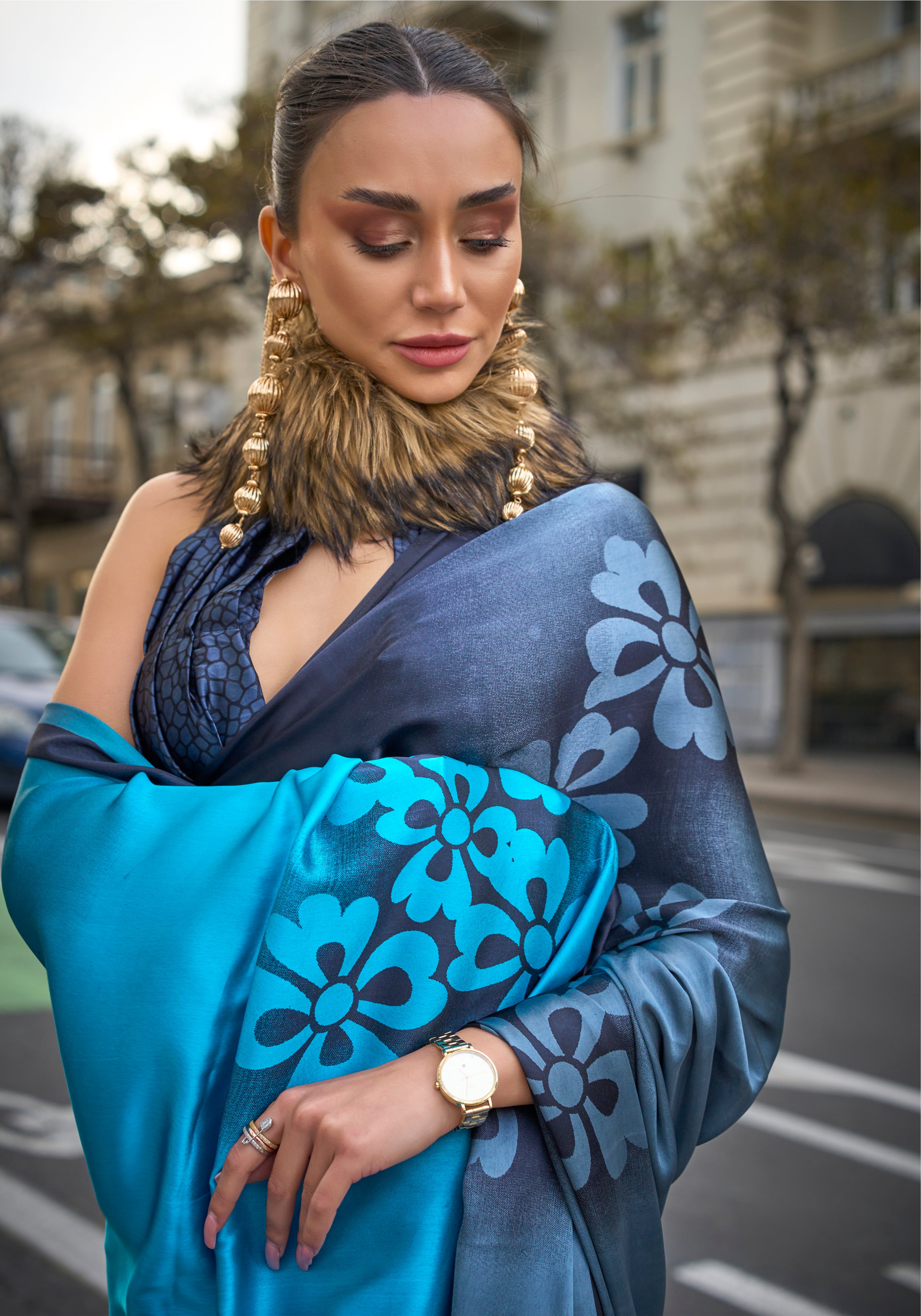 Multicolor Satin Crepe Saree With Digital Print