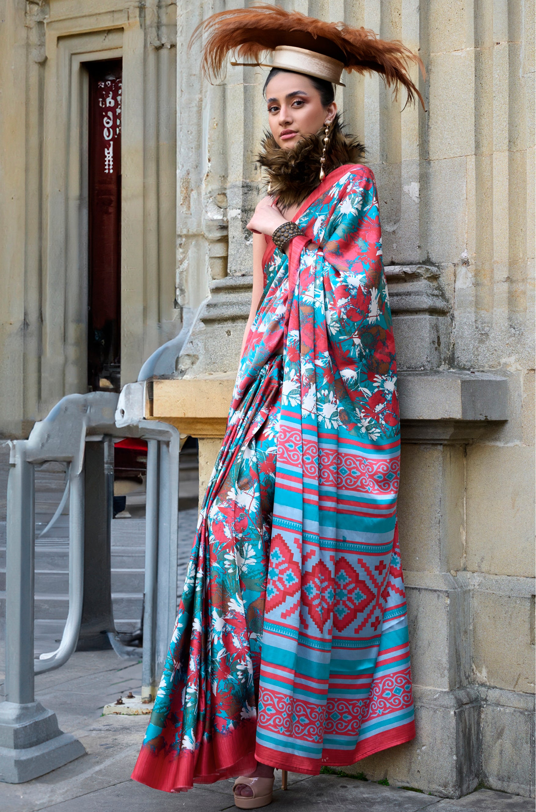 Multicolor Satin Saree With Digital Print